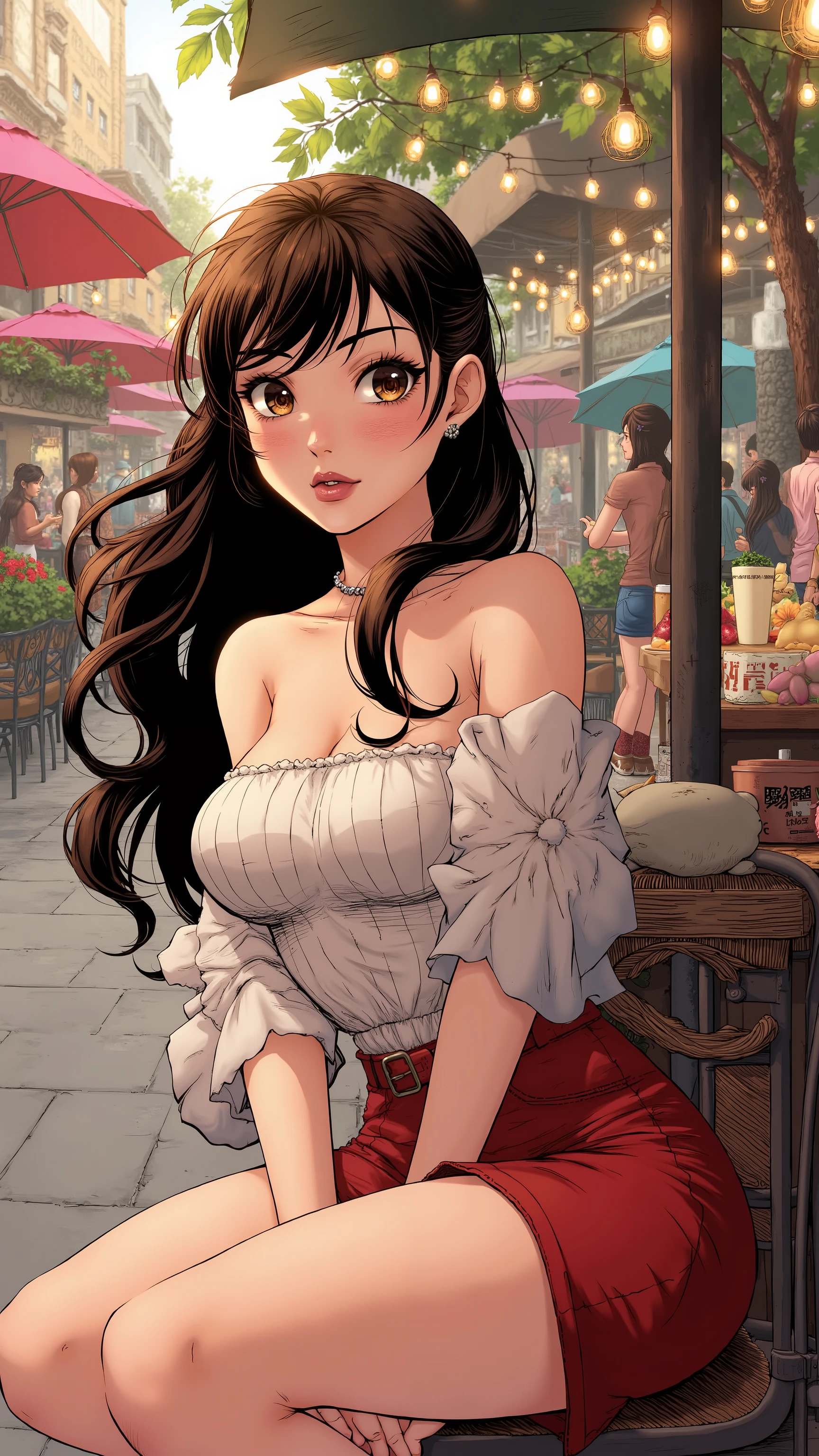 A young adult beauty with mono-lidded eyes, long dark brown hair, and dark brown eyes, possessing a fair to pale skin tone and complexion, a slim and slender body with large breasts, flat stomach, slim waist, slender hips and thighs, and a cute round rear, dressed in a stylish off-shoulder top and a chic skirt, sitting on a cozy café terrace, sipping coffee while enjoying the lively atmosphere of a bustling street market. jimlee style image, comicbook illustration.