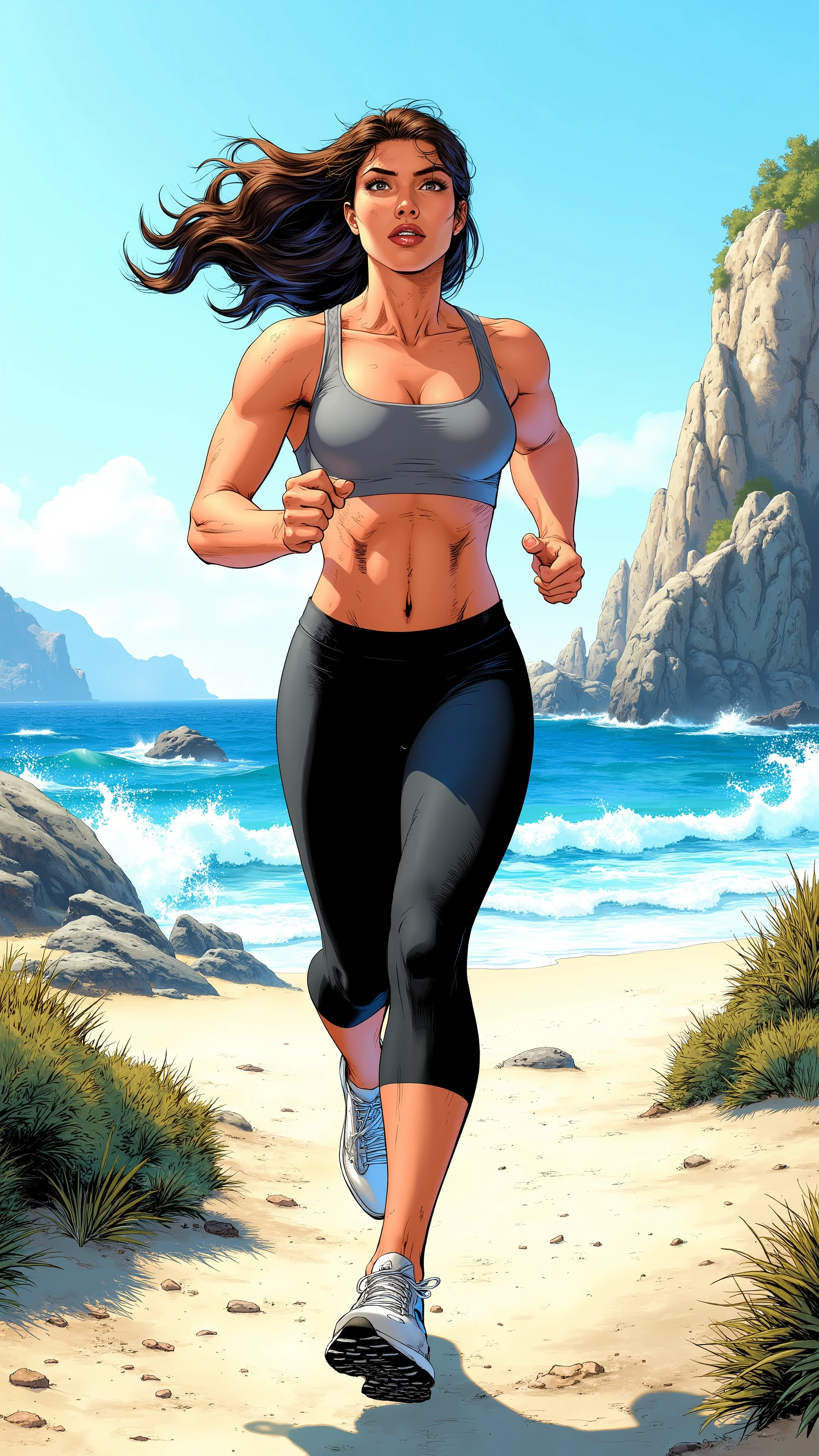 An athletically built young adult woman with a light tan, showcasing her large breasts, wide hips, and thick thighs, clad in a snug sports bra and fitted leggings, energetically jogging along a scenic coastal path with waves crashing against the rocks and a bright blue sky overhead, embodying strength and vitality. jimlee style image, comicbook illustration.