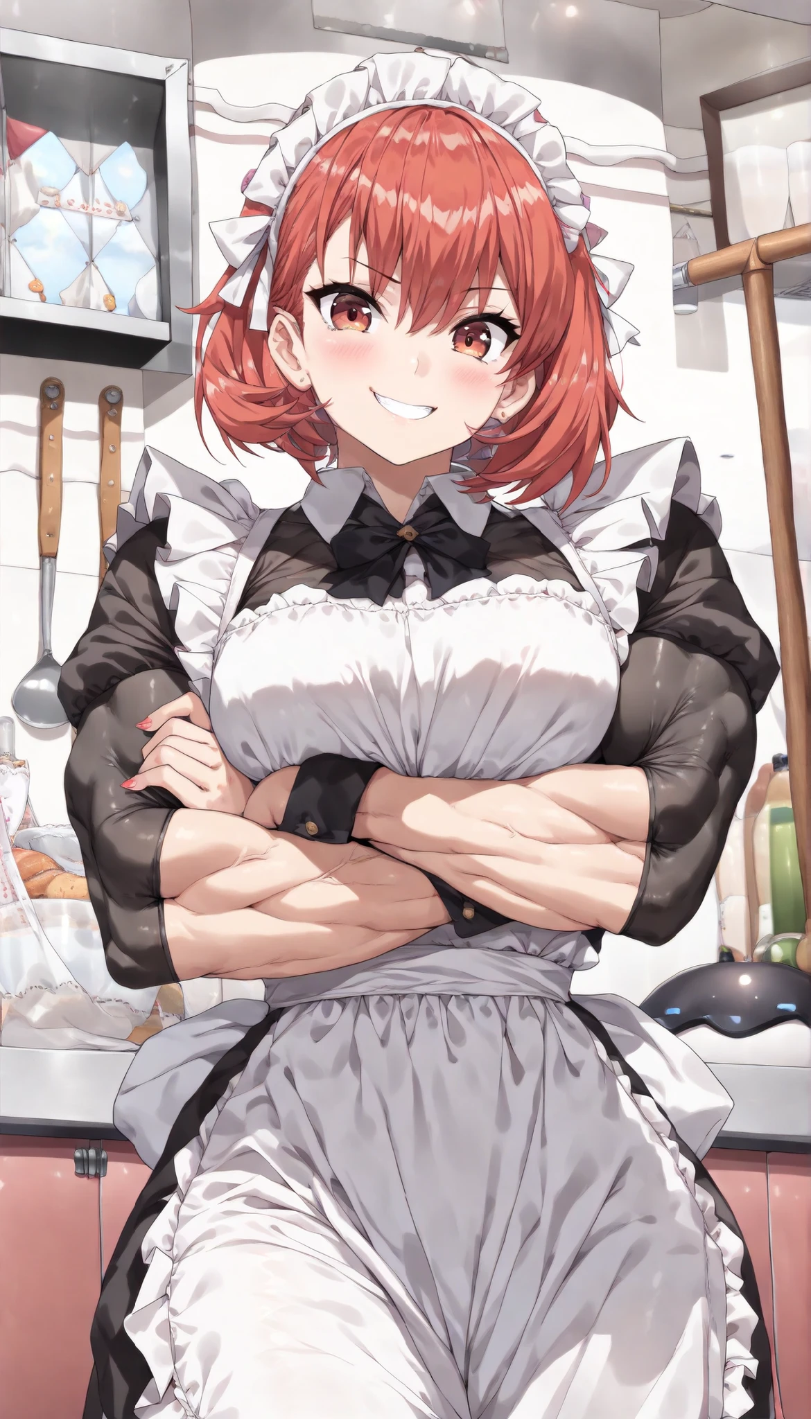 ((best quality)), ((masterpiece)), (detailed), perfect face, ((Best quality, 8k, Masterpiece: 1.3)), Sharp focus A beautiful woman, A maid showing off her muscles, she rolls up her sleeves to show off her arms, muscular muscles, strong arms, a smile of satisfaction, Red hair, medium length, cropped hair, Maid Apron, White Prim