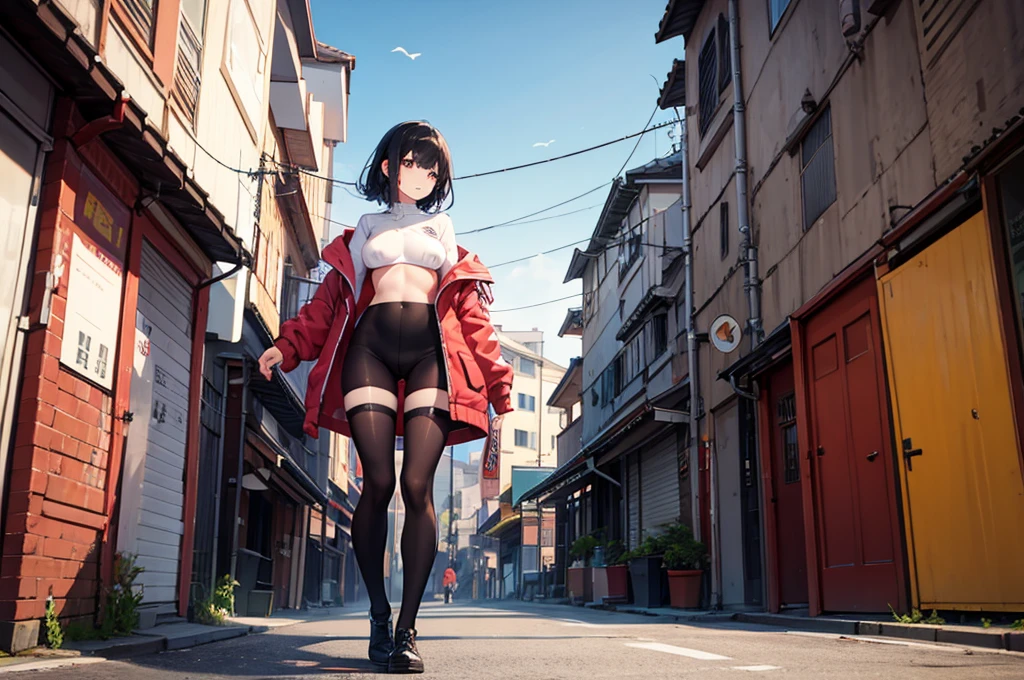 Stunning beauty young girl, short black hair, red pupils, Wearing only underwear, knee socks, and sneakers. Beautiful navel, beautiful thighs, beautiful legs. Looking at Viewer, Smug smile. HD image, wide angle, full body, top to toe, very detailed anatomy, very detailed clothes, very detailed background, a masterpiece.