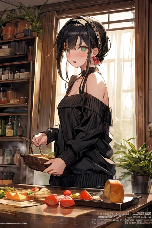 (small breasts:1.3), (perky chest:1.1), (pointed chest:1.0), (vegitable magazine cover:1.3),(from below:1.2),(from side:0.9),masterpiece, a 18yo girl, Amazing Cleavage:1.1, thin waist, big ass, Raised sexy, small breast: 1.3, posed cleavage:1.2, open mouth, have a cute grass of cute beergrass,black hair, dark green eyes, dress, bare shoulders, jewelry, collarbone, sidelocks, hairband, earrings, indoors, off shoulder sweater:1.1, arms behind back, plant, short hair with long locks, gild hairband, off-shoulder dress, sweater dress, off-shoulder sweater, red sweater, dark gord hair, big side hair, very long side hair,is rendered in (masterpiece: 1.2, best quality), with (ultra high resolution) and an exquisite (depth of field). This masterpiece is not only visually stunning but also tells,A scene of cooking in the kitchen by classroom,looking at viewer,