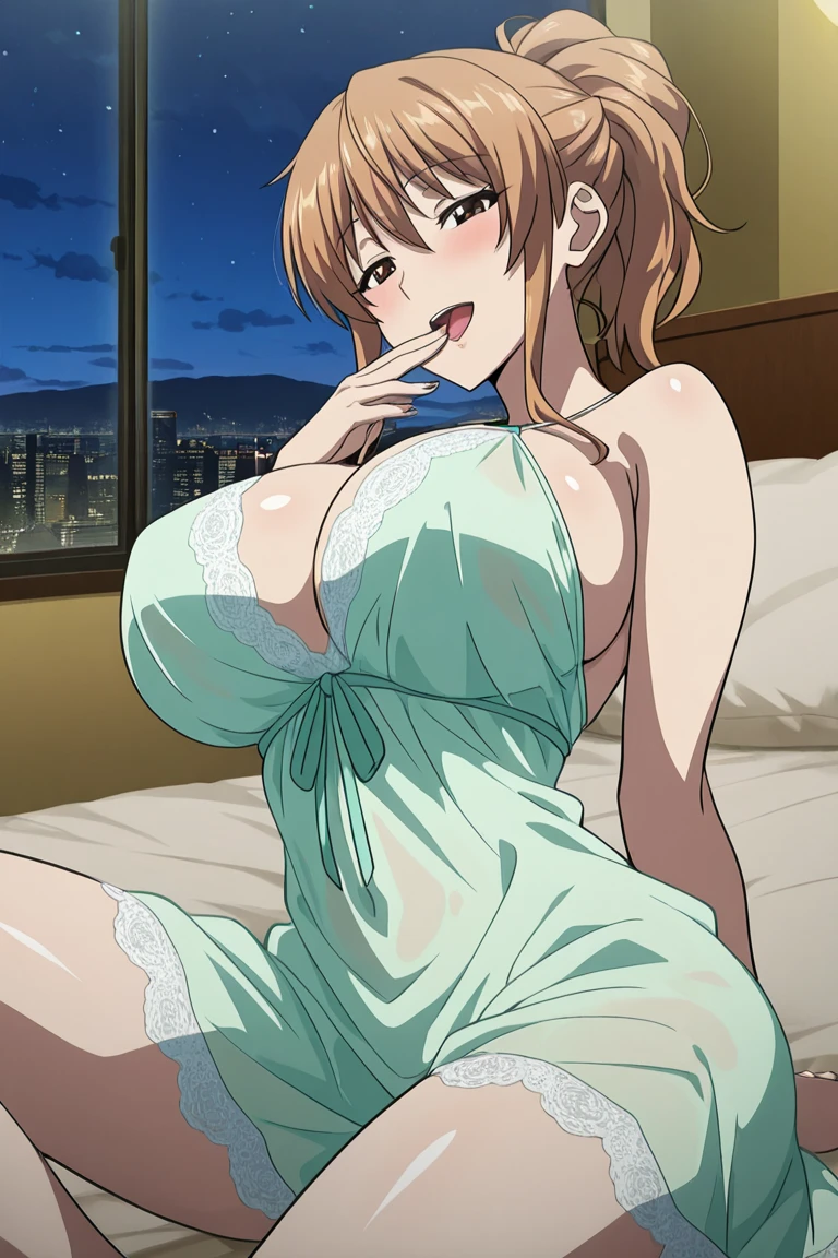 ((masterpiece)), ((Ultra quality)), ((super detailed)), ((high resolution)) ,((8k)), a beautiful woman, ((She is one of the most famous female Gravure Model in the world.)), unparalleled beauty, ((huge breast:1.6)), ((large ass)), ((deep cleavage)), slim waist, chest out, ultra detailed face, perfect skin, (((Hair that reaches down to the neck, Beautiful long, straight brown hair))), ((slant eyes, brown eyes,  detailed eyes)), whole body image, sexy, an inviting smile, sensual, (((anime))), ((glamorous)), sexual attraction, ((26 years old)), ((incredibly beautiful woman)), ((The H cup bust)), ((sex friend)),  (((Topless, Halter neck high slit dress))),  ((beautiful breasts)), beautiful legs, 8 life size, anime, ((charm)), ((Half Japanese and half Russian)), ((Grown-up face)), A room in a love hotel, ((Secret meeting)), Lust, Exuding sex appeal, ((Enjoy a rendezvous)), ((Provocative smile)), ((Lie down on the bed, Top-down view)),