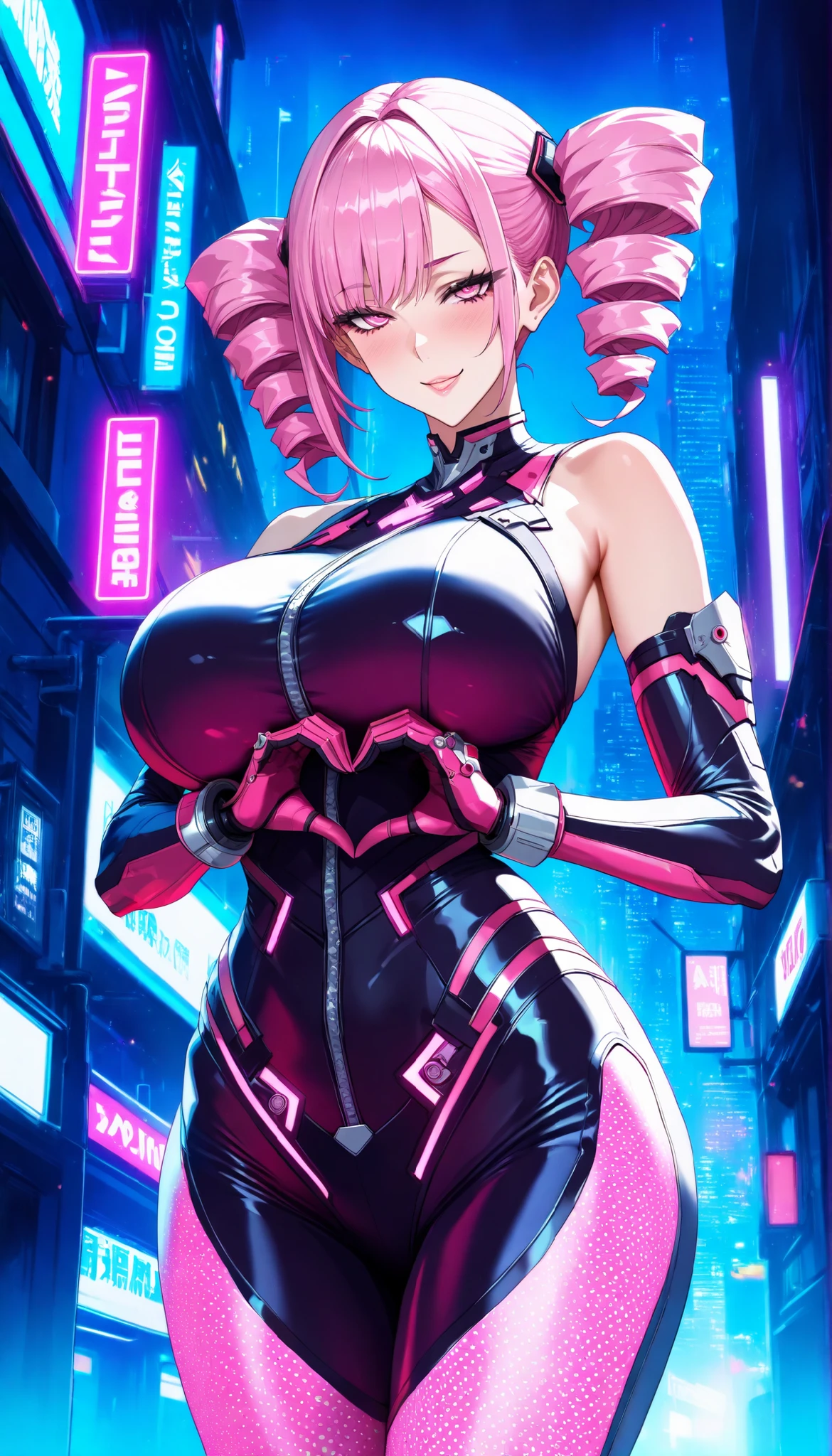 1girl,solo,detailed eyes,huge breasts, ,( sagging breasts:1.8),pink hair,grin,Sweat,outdoor,night sky,pussy,spred pussy,sread legs, ,rooftop ,pubic hair, open bodysuit ,midriff ,sci-fi,cyberpunk ,navel,nipples,tattoo