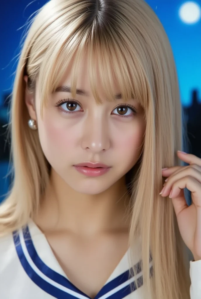 portrait, face close up, face shot, (masterpiece, best quality;1.3), extremely detailed CG, ultra detailed, 1girl, solo, smile, looking at viewer, stylish ungle, blonde long hair,blue eyes,
sv1, sailor senshi uniform, orange skirt, elbow gloves, tiara, orange sailor collar, red bow, orange choker,