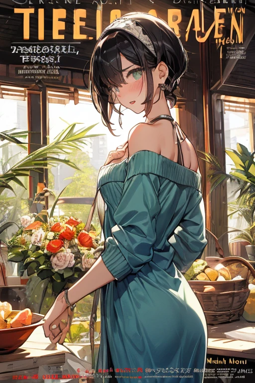 masterpiece, yor, 1girl, Amazing Cleavage:1.3, thin waist, big ass, Raised sexy, medium breast: 1.8 posed cleavage:1.2、solo, looking at viewer, open mouth, have a cup of coffee,black hair, red eyes, dress, bare shoulders, jewelry, collarbone, sidelocks, hairband, earrings, indoors, off shoulder, :o, sweater, arms behind back, plant, short hair with long locks, white hairband, off-shoulder dress, sweater dress, off-shoulder sweater, red sweater, big side hair, very long side hair,is rendered in (masterpiece: 1.2, best quality), with (ultra high resolution) and an exquisite (depth of field). This masterpiece is not only visually stunning but also tells, make of cake cooking ,in the kitchen