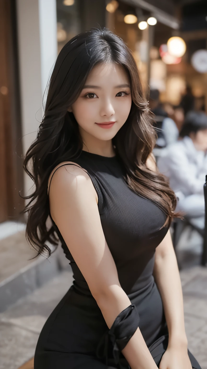 best quality, ultra high res, (photorealistic:1.4), 8k resolution, 1girl, (medium hair:1.3), (realistic hair:1.2), (Korean girl:1.2), (realistic eyes:1.2), beauty face, cute smile expression, perfect body, black shirt, white skirt, white pale skin, huge breast, (looking at camera :1.3), siting at park, sunset, beautiful sky,
