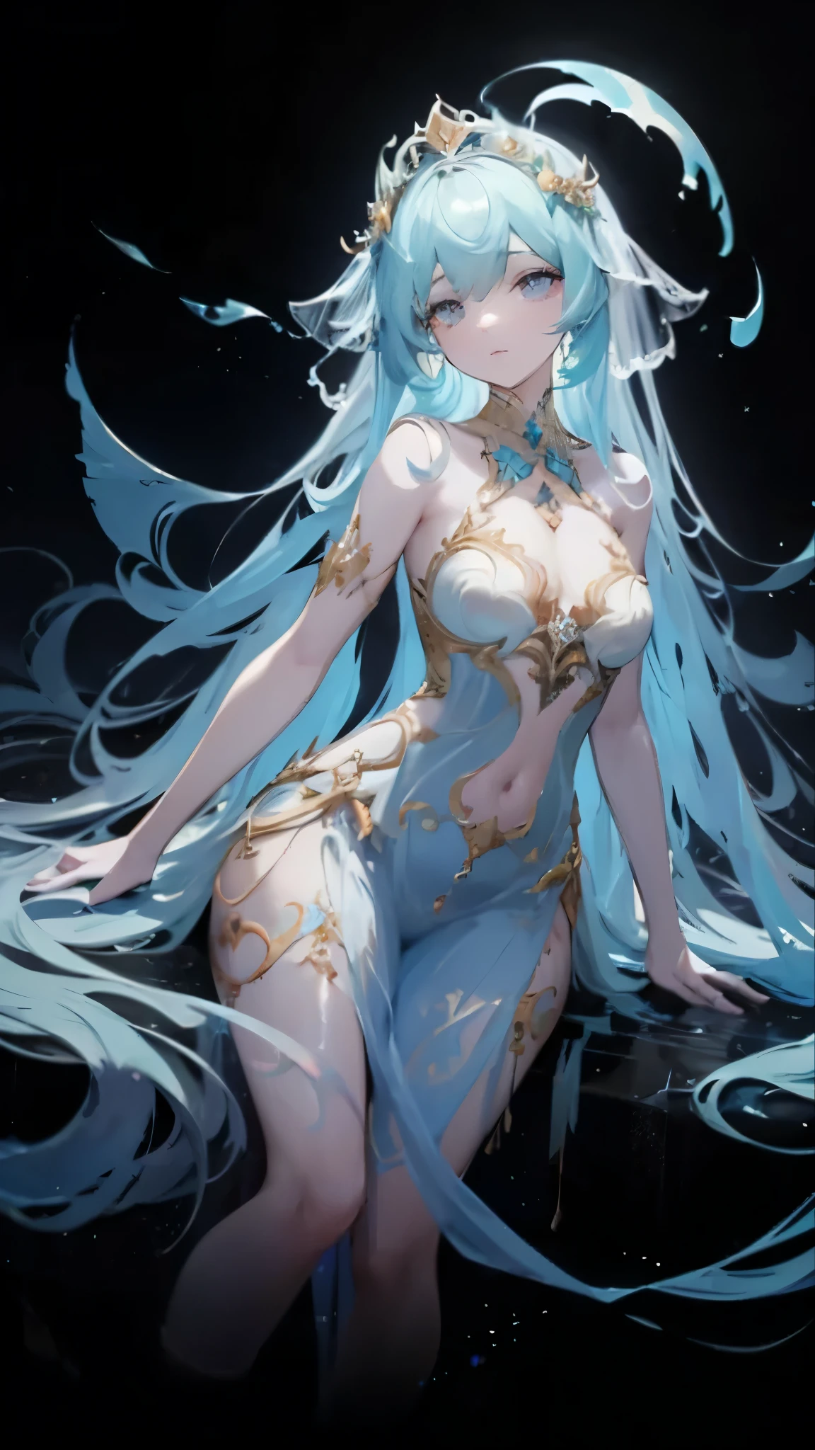 A luminescent ethereal girl, inspired by rococo designs, floats gracefully in a concept art line drawing. The main subject is a glowing figure embodying elegance and otherworldly beauty. The image is a digital painting, meticulously detailed and rich in color. The spirit's flowing gown shimmers with intricate patterns, giving off a soft, ethereal glow that seems to illuminate the darkness around it. The delicate features of its face are serene yet mesmerizing, drawing viewers into a world of enchantment and wonder. The overall composition exudes a sense of unearthly grace and beauty, making it a captivating piece of art.