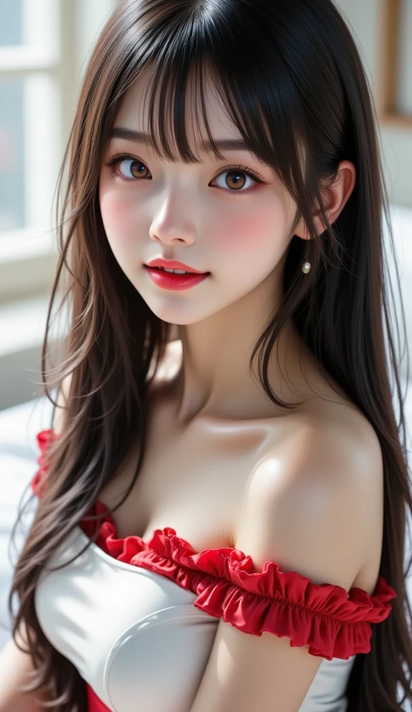 Pee (incontinence: 1.47), fashion trendy beautiful and attractive woman, gentle and attractive Chinese beautiful woman, Korean (kpop idol), delicate and sexy collarbone, attractive oval face, double eyelids, smart [peach] flower eyes, pink lips, small nose, bare shoulders, focus on face, [[face close-up], ultra high definition, super detail, White off-shoulder lace shirt, (((white lace panties), fresh and impressive, natural (large: 1.25), (kneel on the ground), (legs wide open), (legs spread), (from a low angle), (upright 1.5), (shiny skin: 1.4), (low angle)), perfect figure, areola, cleavage, armpit wrinkles, (floor urine)), (NSFW: 1.05), ( Showpiece, top quality, high precision)), one girl, (big, photorealistic: 1.4), (slightly above the camera, looking up at the camera, looking up, looking up at the camera, staring at the camera))), solo, solo, white background, snow-white background, mouth closed, happy smile, pretty black hair, short hair, big eyes, pronounced double eyelids, eyelashes, ears out, long neck, long neck, Absolute area, ((close-up of face, short hair with bangs)), 19 years old, attractive proportions, shiny skin, clean collarbone, golden ratio face, perfect face, teardrop mole, chest mole, bangs, clean bangs, beautiful bangs, lip gloss, thin lips, white skin, undressed, big breasts, small face, staring at the camera a little upwards, ((smiling a little at the camera, really nothing pure white background, very big, big big, big breasts)), ((((uniform, shirt))))