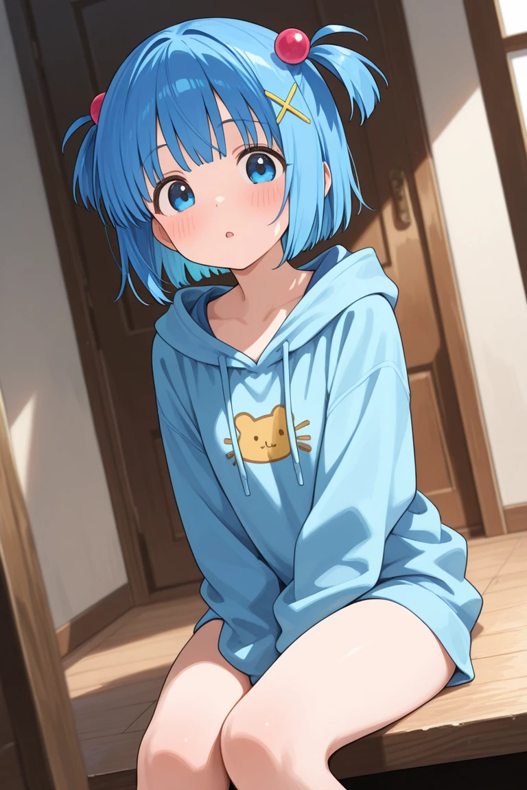 score_9, score_8_up, score_7_up, source_anime, 1girl,  short hair, blue hair, blue eyes, yellow hoodie, green boots, cross,  , female ,