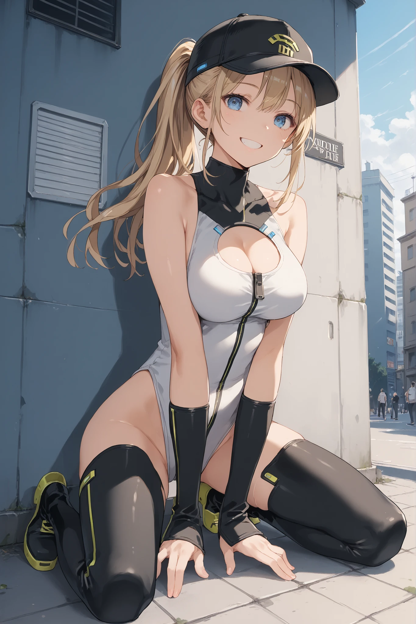 score_9, score_8_up, score_7_up, source_anime, rating_safe, 1girl,lower_young_girl,Alone, compAF, Shoulders, kneel, lower back with a cap, smile,large_breasts,outdoor,old_building_shutter_background,girl_on_parking,ponytail,smile,blue_eyes,large_eyes,blond_hair,black_thighhigh_boots,sitting, gravure_posing,(abs:0.2),(covered_nipples:0.2) , (pectineus_muscle:0.4),open_legs,kneel_up
