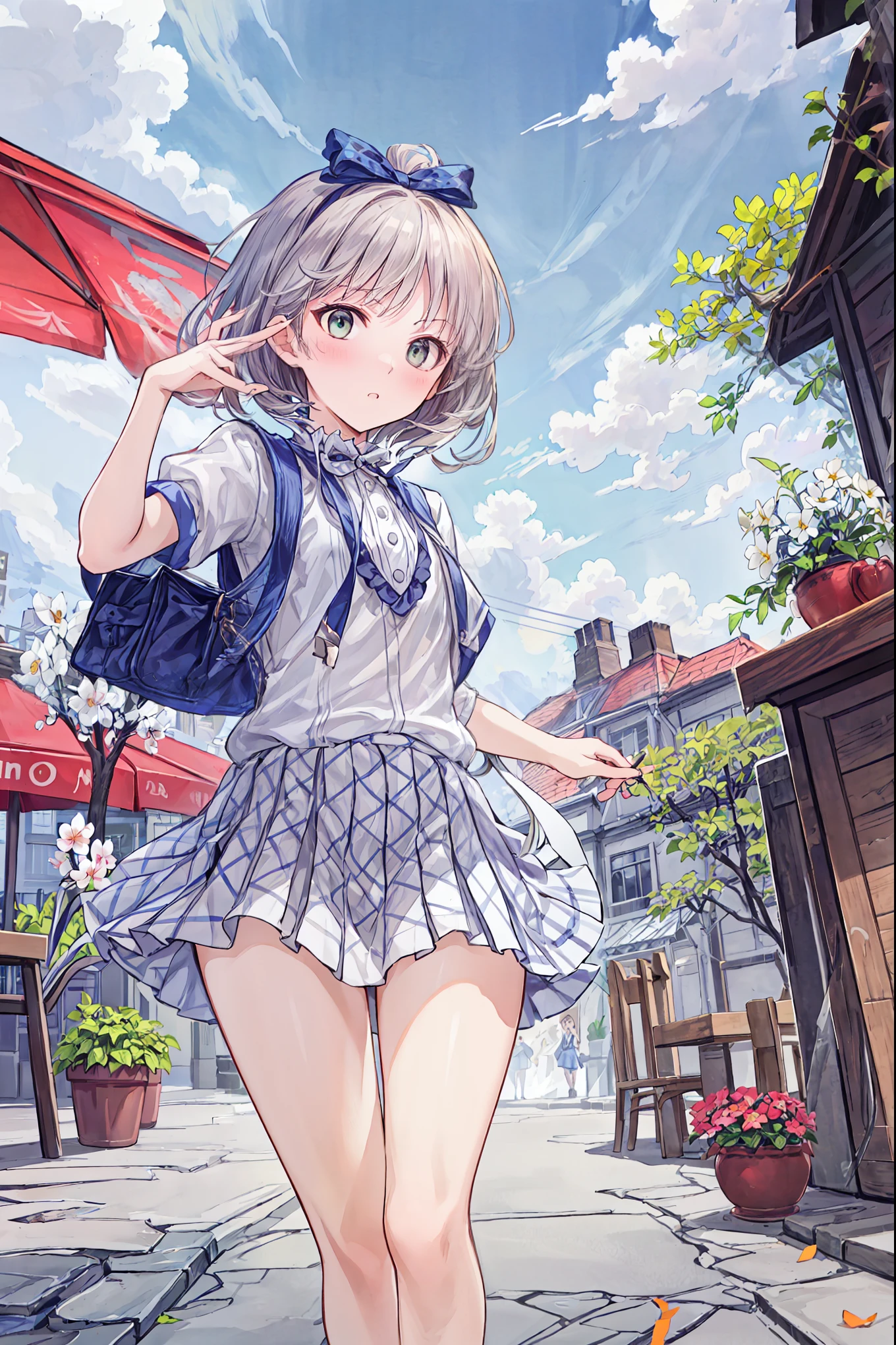 (( masterpiece)), ( Best Quality), ( supernatural), ( beautiful illustration),
outdoor, Flower Garden, cherry blossoms,
Hidden Tsukiko , Gray Hair , short hair, Aqua Eyes, side ponytail , uniform, white shirt, pink plaid skirt, black legwear ,
alone ,
, From the above, focus on the face, Table Top , cat_hand_ pose , poker face, fist