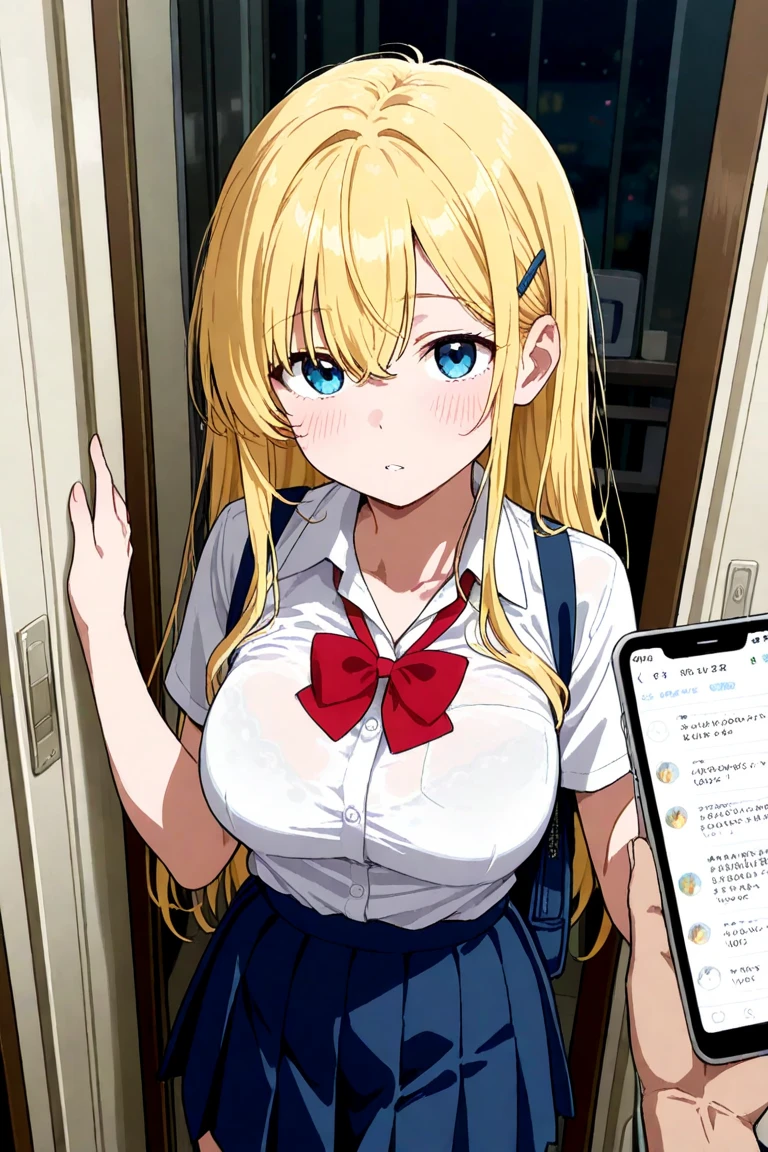 (throw_hand, pink vibrator remote switch in throw_hand, throw:1.2), Highest quality, Super detailed, masterpiece, Ultra-high resolution, 8K, Ridiculous, Cowboy Shooting, Blurred, One girl, Focus on the girl, Embarrassing, blush, Lovely, Close one eye, With tears in her eyes and her mouth open, What saliva leaves behind, Wet skirt hem, (Sticky panties:1.1), Bulging of the vibrator cord, Vibrator with Garters, (cleavage), Classroom Background, [1girl, kousaka kirino, ore no imouto ga konna ni kawaii wake ga nai], The skirt is accidentally exposed,(large breasts), (crop top navel), (waist line), Accidentally exposed panties