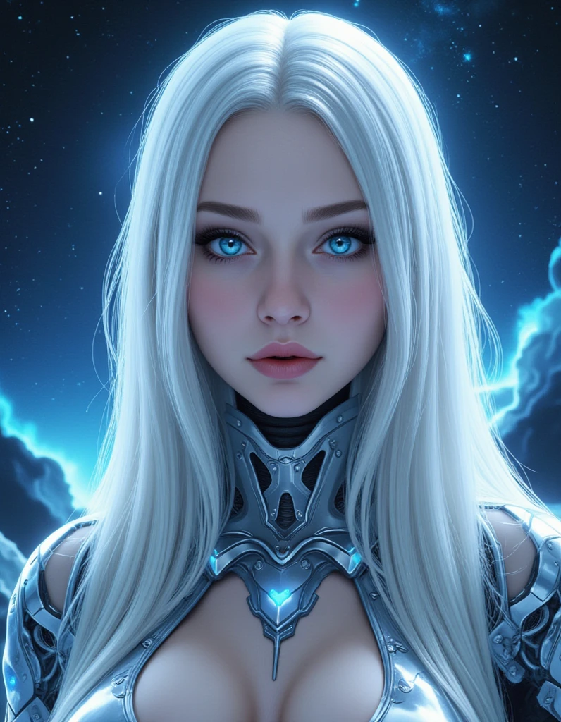 Portrait, beautiful corrupted enchantress with blonde hair and a white dress, hourglass figure, symmetrical figure, highly detailed face, beautiful face, blue eyes, lush red lips, alluring, stunning digital illustration, mysterious quantum environment, cosmic elements and ethereal atmosphere
