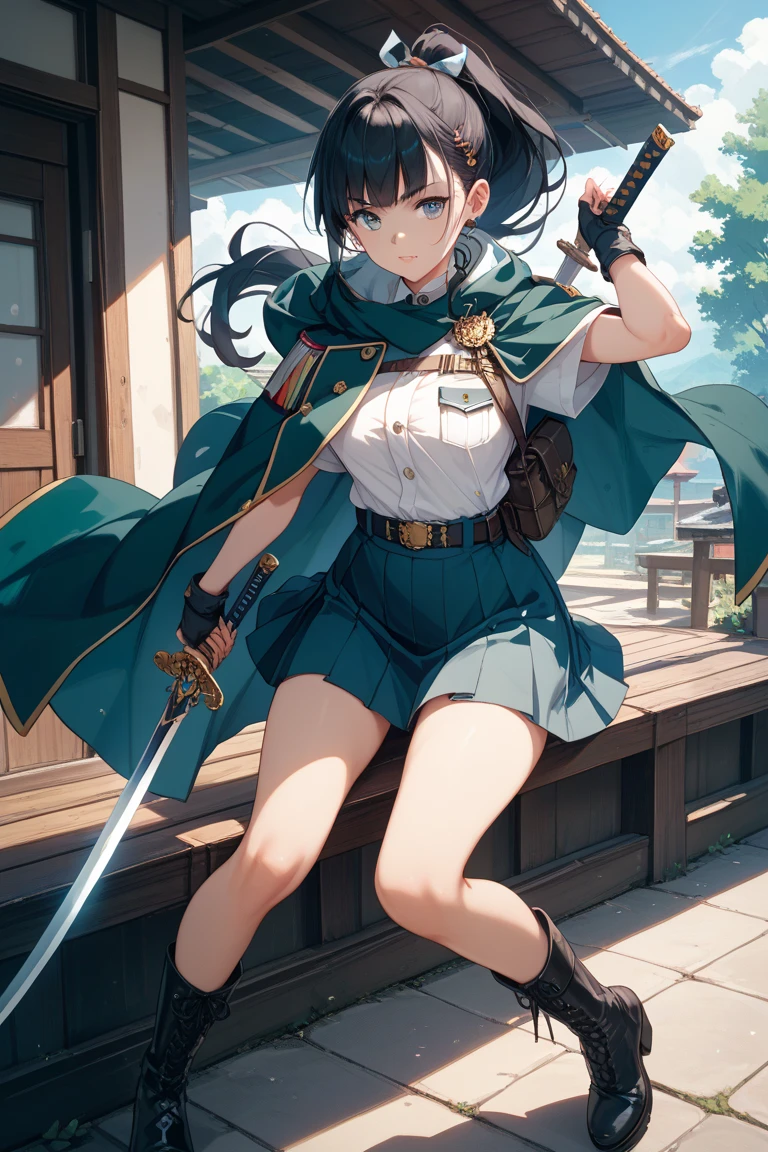 masterpiece, highest quality, Sophia Estido, Barrette, Pink Shirt, corset, Pencil Skirt, stockings, Knee-high boots, standing, ((Holding a sword in his right hand)), Combat pose、Spread your legs、Bend both knees slightly、Quiz Formula, Looking at the audience, rocky coast, big, null, Skirt Lift, Boldly lifting up her skirt