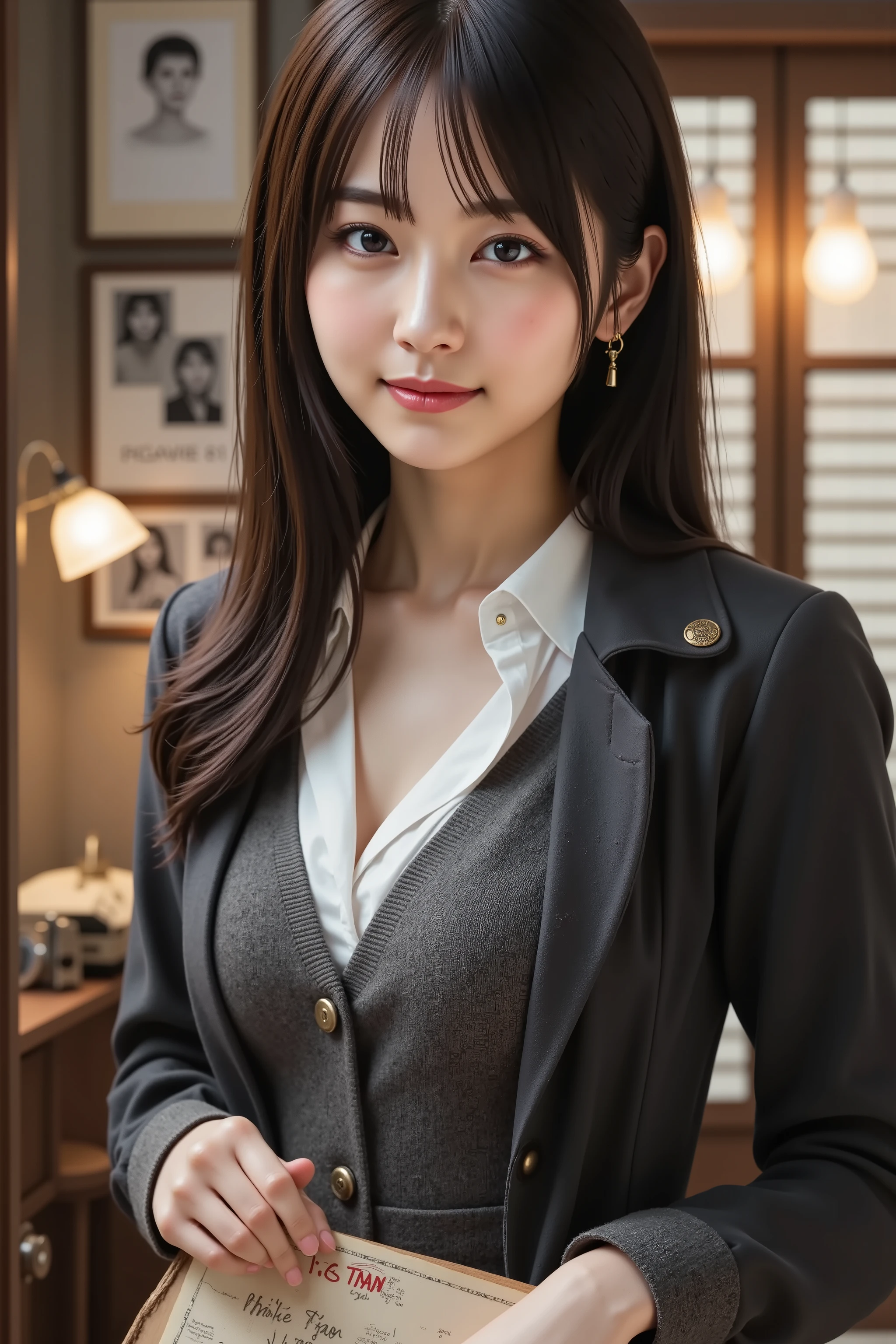haruka, huge breast, cleavage, a highly detailed, ultra-realistic digital illustration of a beautiful young Asian female detective standing confidently inside a dimly lit, vintage detective office tucked within a quiet city alleyway, inspired by classic noir and mystery fiction. She is captured in a medium close-up shot, ensuring her entire head is visible with appropriate headroom while focusing on her from the thighs up. Her long, flowing black hair is slightly tousled and tied back in a practical low ponytail, with loose strands and delicate bangs framing her sharp, perceptive face. Her deep, focused eyes reflect the warm glow of a desk lamp, and her expression is serious, calm, and quietly calculating. She wears a sharp, era-inspired detective’s outfit—consisting of a dark gray tailored trench coat with a structured collar, worn open over a charcoal vest and crisp white dress shirt with rolled-up sleeves, the neckline slightly relaxed for mobility. A leather shoulder holster is partially visible beneath the coat, and her waist is cinched with a belt holding a small notepad, pen, and magnifying glass. Her gloves are fingerless and practical, subtly smudged with graphite and dust, hinting at her fieldwork. A thick case file with scattered black-and-white photos and scribbled notes lies open on her desk, while an antique revolver rests nearby for emergencies. The background reveals the richly textured interior of a private investigator’s office—wooden floorboards, filing cabinets filled with old cases, cluttered corkboards pinned with red-threaded evidence, a vintage rotary phone, and a frosted glass door labeled “Private Detective.” Venetian blinds cast striped shadows from a flickering streetlamp outside, while cigarette smoke curls lazily in the air, illuminated by warm, moody lighting. The entire scene captures the tension, intelligence, and gritty elegance of detective work, blending analytical prowess, vintage charm, and cinematic mystery in a richly atmosphe