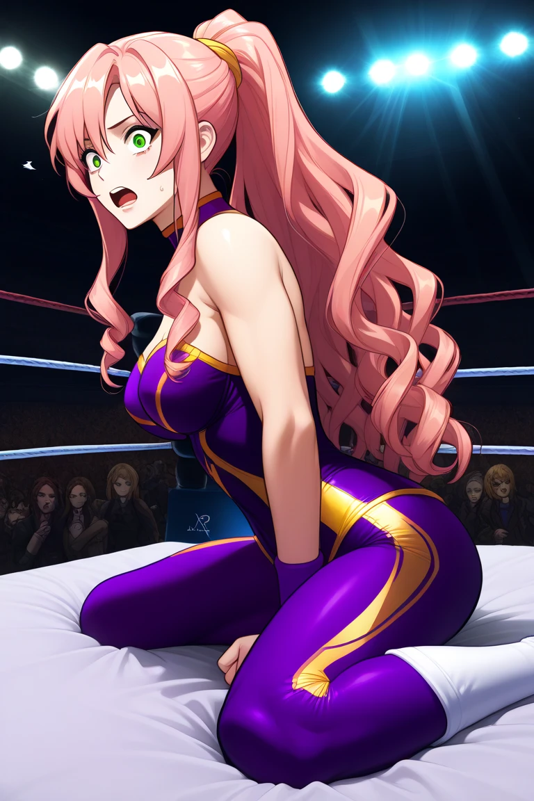 (((pink wrestling outfit))), (masterpiece, , 4K, Best Quality, Anime style: 1.9,, Adult Woman, ultra detailed face, (cloud background, wrestling), Drawing lines, high resolution, Anime, lacus4), 1girl, Solo, curvy figure, Long hair, 鎖骨, scapular, (Detailed wide hair bangs, Hair Ornament, Detailed reddish-pink hair, golden crest), cleavage, large hands, (pro female wrestler). (Big blue eyes, shiny eyes), ((female wrestler, little biceps, slender body, broad shoulders, closed fists, closed mouth)), ((perfect proportions, medium breasts, cleavage, long belly)), (((pink wrestling outfit))), , ( looking at the viewer),
