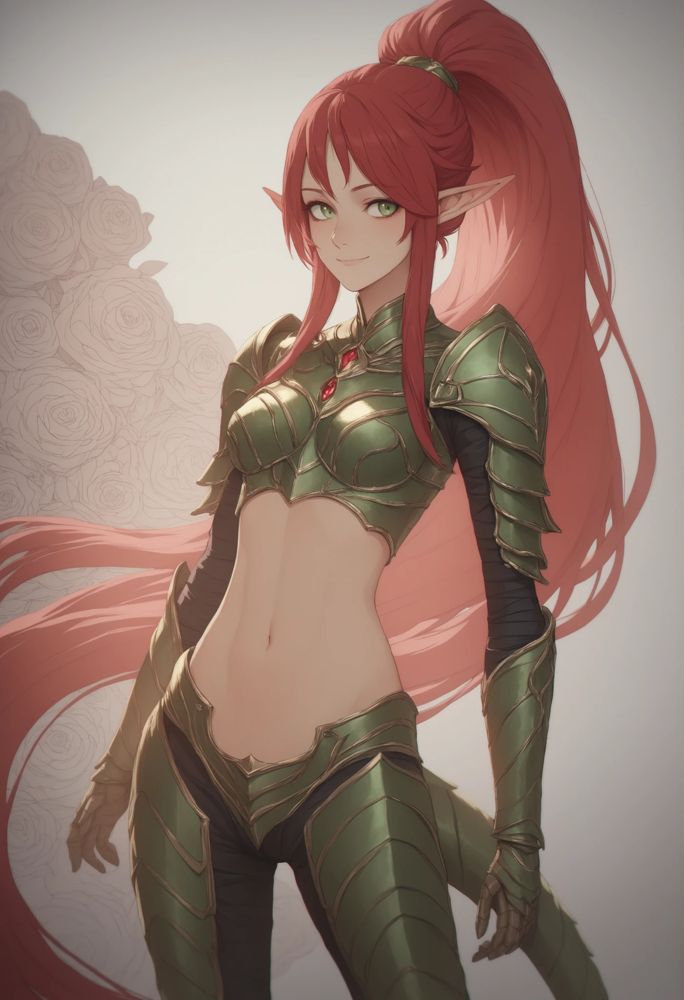 (masterpiece:1.2), (best quality:1.2), (very aesthetic:1.2), (absurdres:1.2), (detailed background), newest, intricate details, perfect anatomy, ulmandra, ((1girl)), pointy ears, long hair, solo, red hair, green eyes, dragon girl, navel, tail, ponytail, jewelry, midriff, armor, very long hair,smile, dutch angle,cowboy shot:1.5,