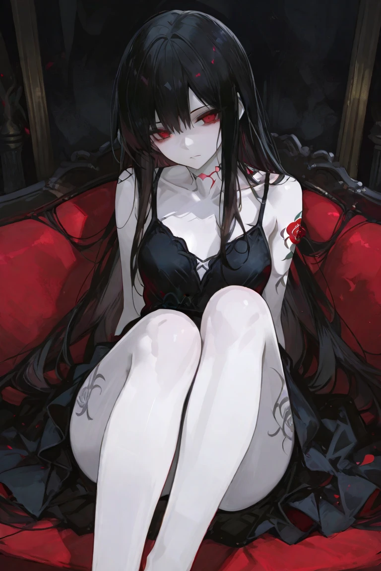 Dark style, black hair, white skin, red eyes, long hair, bangs，underwear，succubus，sitting，Sweat，Soaked，transparent，open legs，sofa，arrogant，close up
