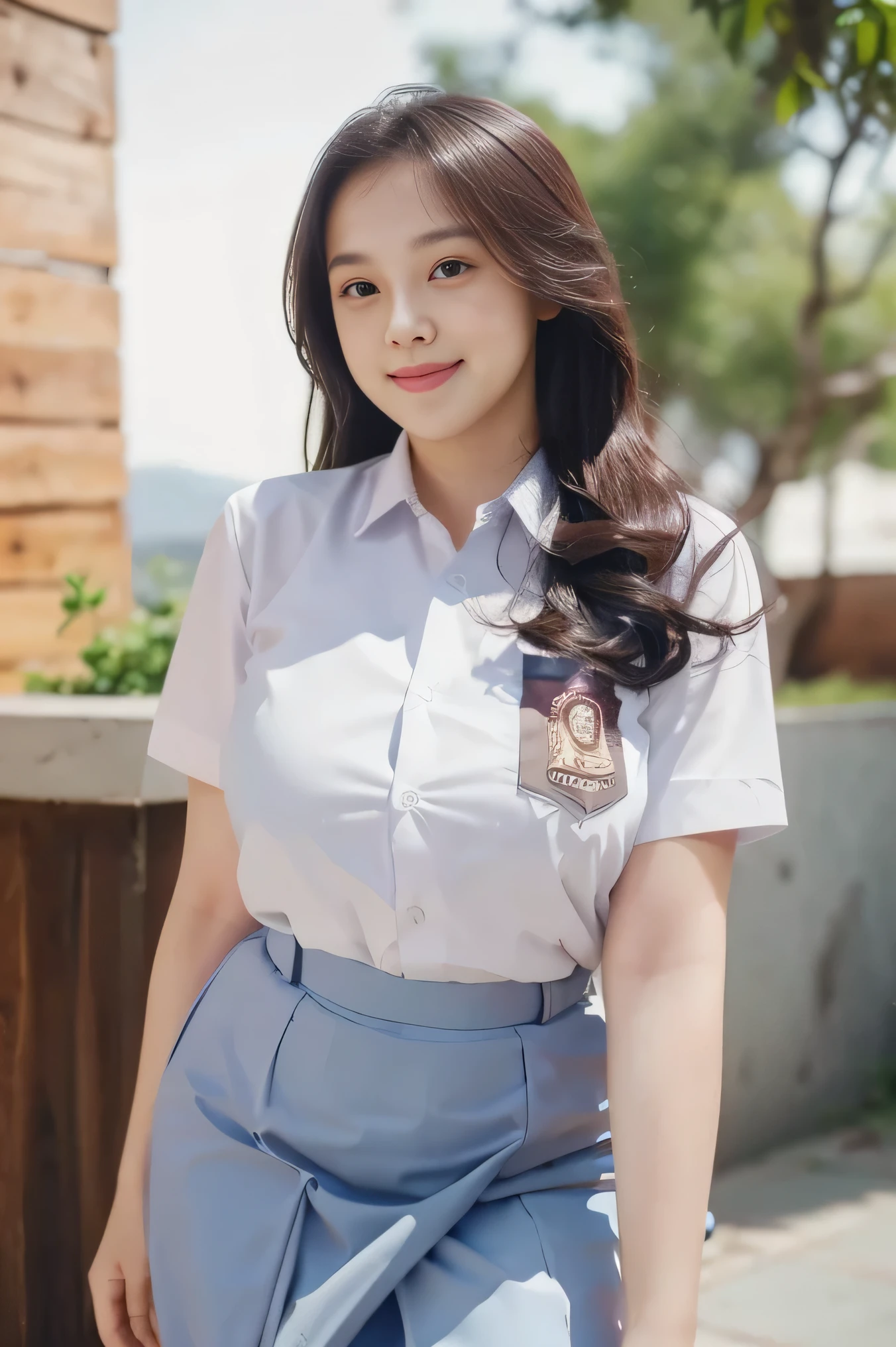 1girl, solo, 19 years old, (uniform), detailed Metropolitan city at the background, portrait, thick breasts, semi-curvy body, smooth realistic skin, cute smile, white shirt, grey blue short skirt, looking at the audience, high angle shot,(8k, RAW photo, best quality, masterpiece: 1.3), (realistic, realistic: 1.37), ultra-high resolution, cowboy shot