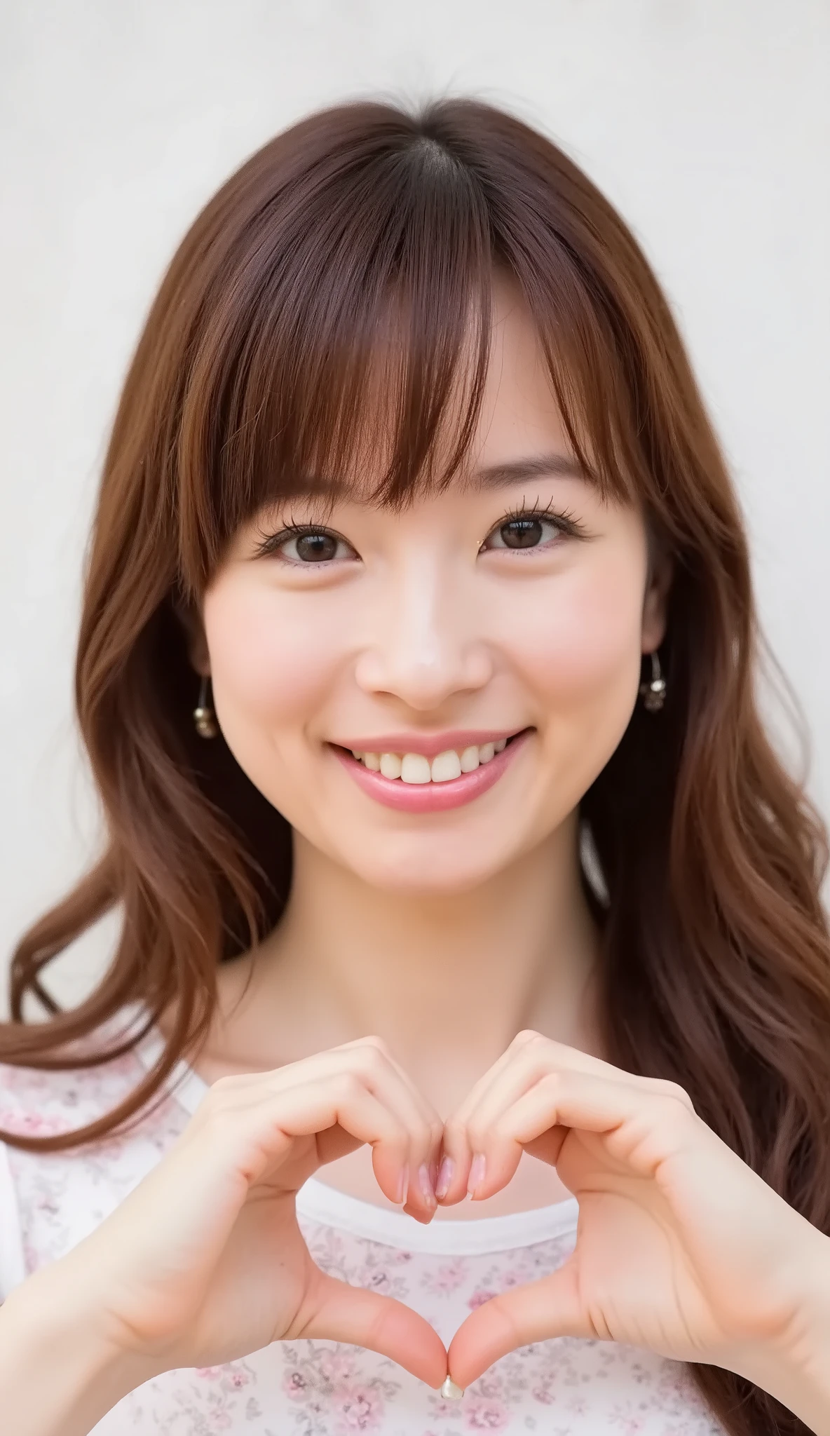 Super fine、A picture of her smiling face、Then do a heart-shaped pose with both hands in front of the chest、background is plain、 high image quality、細部にわたって high image quality