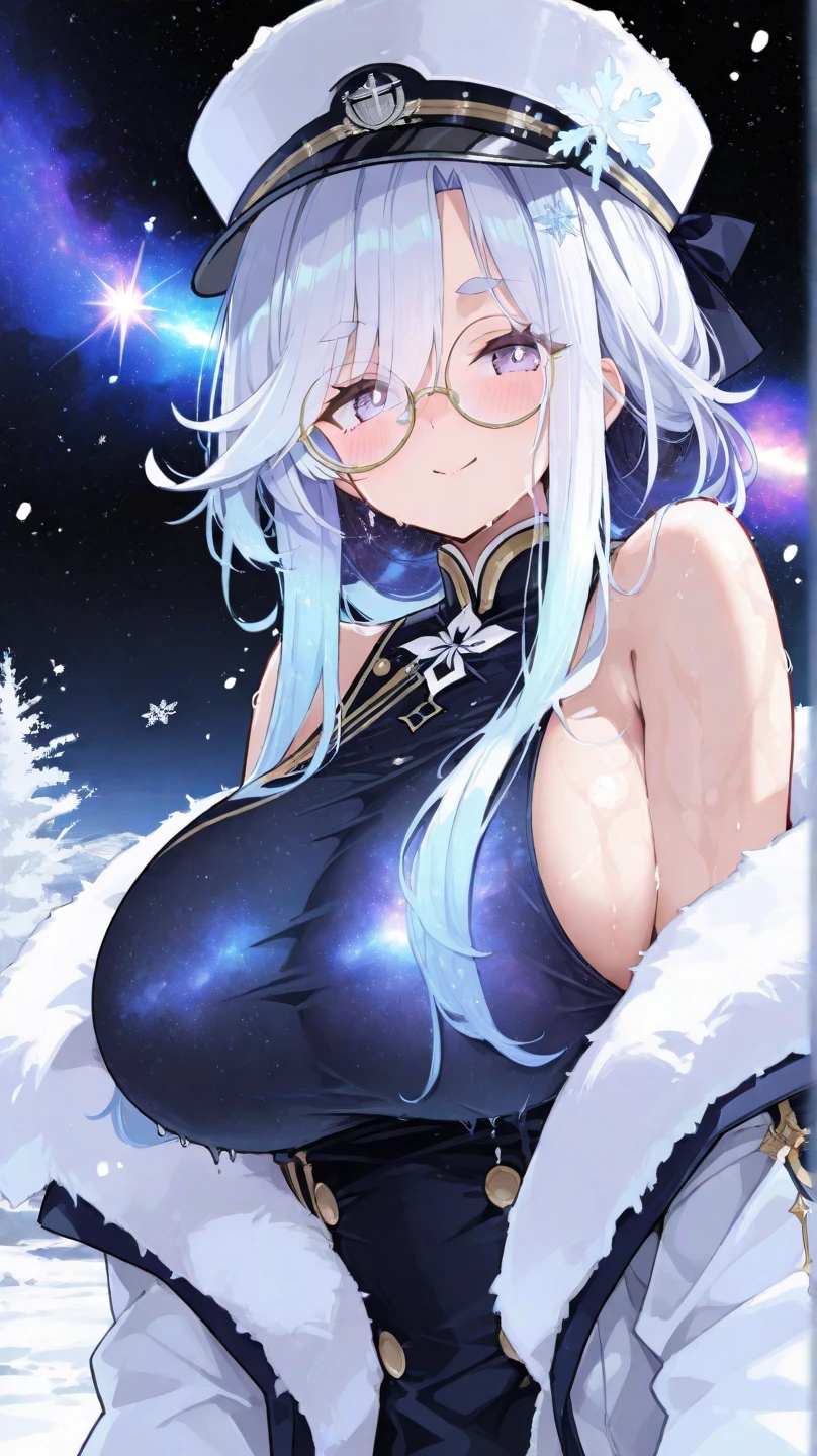 anime girl in glasses with a christmas tree in the background, fine details. girls frontline, from girls frontline, seductive anime girl, top rated on pixiv, at pixiv, perfect white haired girl, white-haired, white haired, oppai, | fine detail anime, thicc, artbook artwork, ecchi, with a large breasts, thick glasses