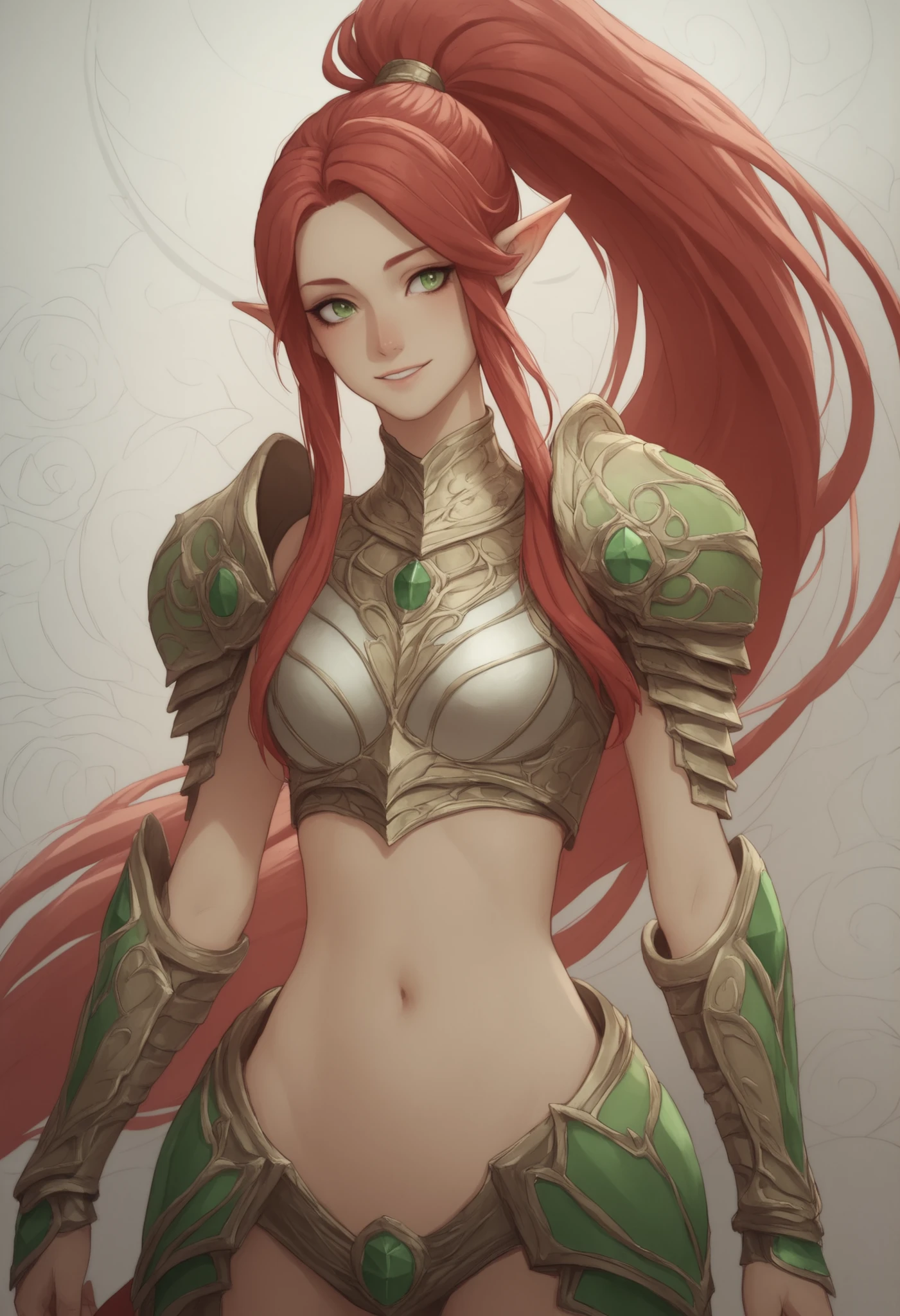 (masterpiece:1.2), (best quality:1.2), (very aesthetic:1.2), (absurdres:1.2), (detailed background), newest, intricate details, perfect anatomy, ulmandra, ((1girl)), pointy ears, long hair, solo, red hair, green eyes, dragon girl, navel, tail, ponytail, jewelry, midriff, armor, very long hair,smile, dutch angle,cowboy shot:1.5,