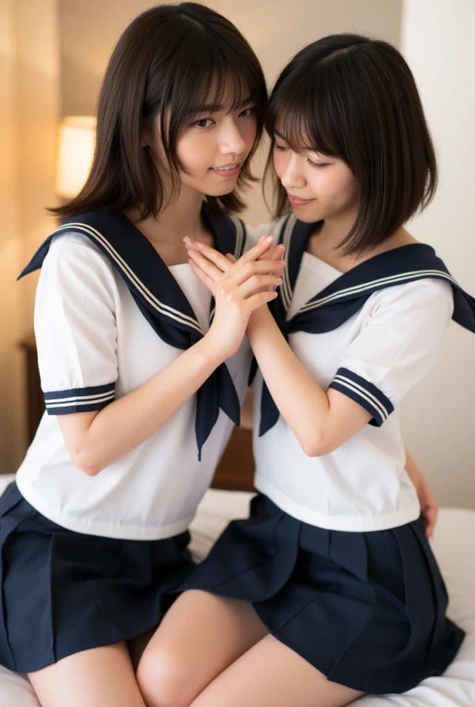 Front composition，two people stand next to each other，chum，Full body shot of two girls in cute sailor uniforms(top-quality、At 8K、32K、​masterpiece、nffsw、超A high resolution、Impresionismo，Photorealsitic:1.2), (2girls, Same height :1.2), couple focus ,，Japanese 13 year old cute girl , ，Both of them are wearing Japanese student sailor uniforms..,  Realistic and beautiful bright eyes, Double eyelids, look at viewr, Smiling, A smile, The most delicate shiny black hair Very short hair , thin arm、thin-waist，  One put his hands around his waist、The other is touching her    (High color saturation:1.0), (highlydetailed skin), (Best Quality:1.0), (超A high resolution:1.0) ,(photographrealistic:1.0), (ultra-detailliert:1.0), (8K, Raw photo:1.1) ,In a Japanese retro wooden school building，Digital SLR、softlighting、(background person blur:1.1)、SIGMA 85 mm F/1.4、50 millimeters