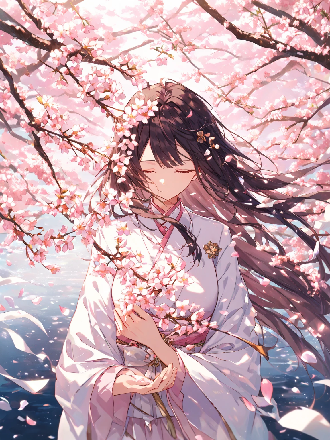 1 girl, solo,
closing eyes, looking down,
parting scenes, fateful farewell in a forest square, cherry blossoms are in full bloom, the wind blowing, the cherry blossom snow swirling,
masterpiece, best quality, 8K, ultra HD quality details, RAW photo,