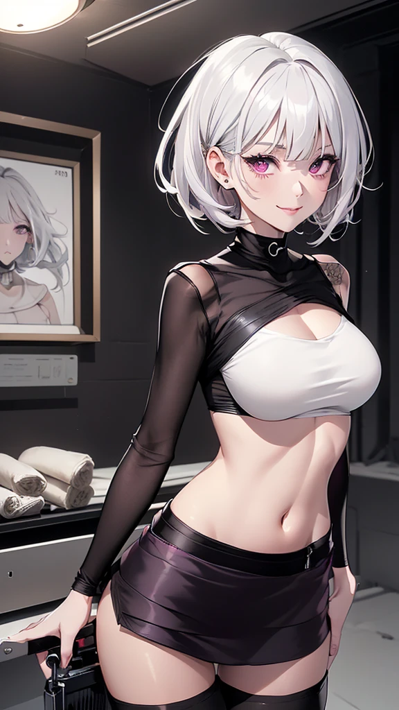 1girl,white hair,large breasts,seductive anime girl,perfect white-haired girl,short white-haired girl,beautiful anime girl,beautiful charming anime woman,blushing face,attractive anime girl,stockings,sitting in a riding pose,barely covered chest,thighs compressed by stockings,(best quality,4k,8k,highres,masterpiece:1.2),ultra-detailed,(realistic,photorealistic,photo-realistic:1.37),anime drawing by Ross Tran,pixiv,art process,top rated on pixiv,clean detailed anime art,black background,moonlight,blue eyes,sexy girl
