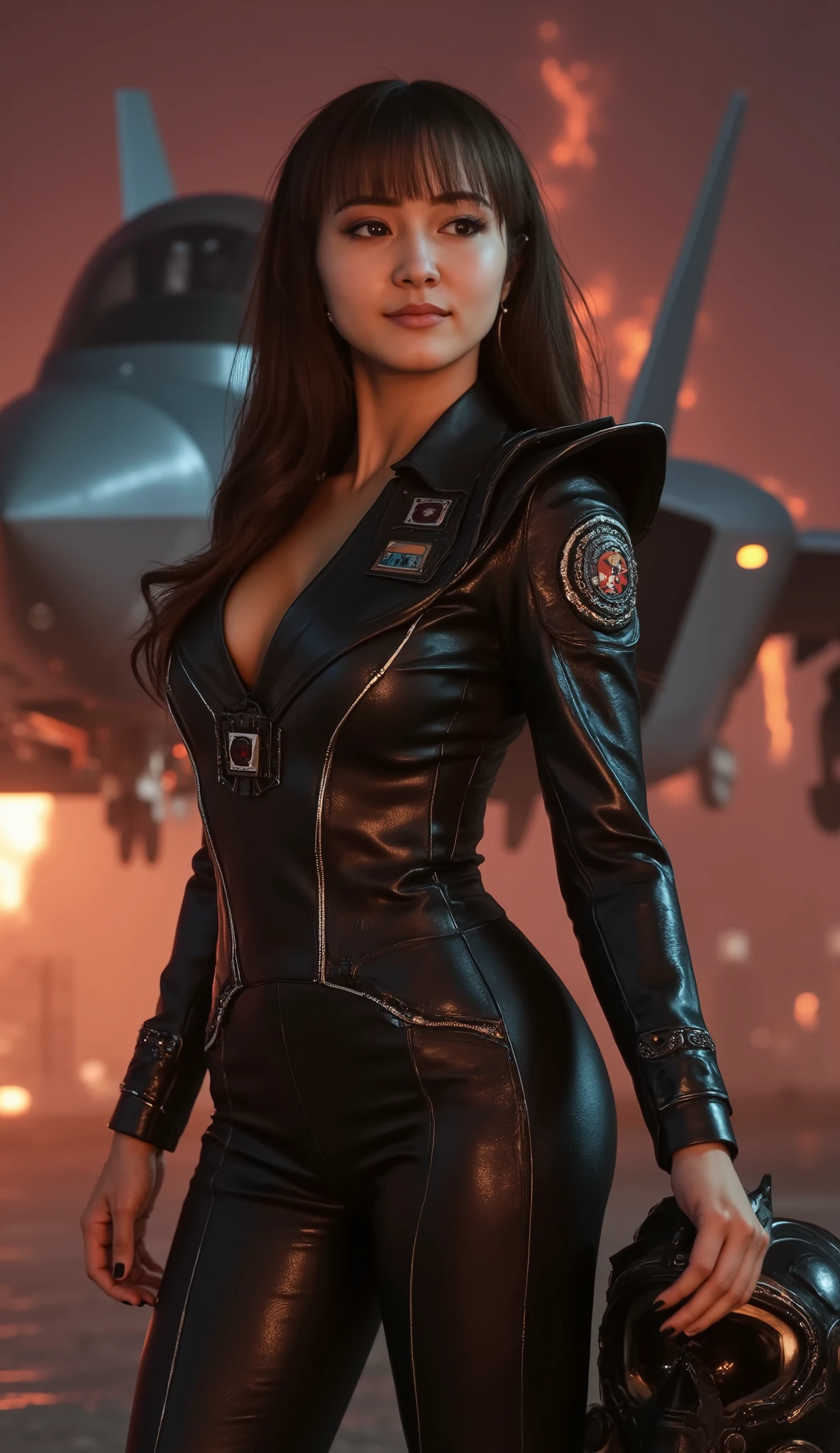 A breathtakingly beautiful female military jet pilot, radiating confidence and allure, stands in a commanding yet seductive pose, her captivating gaze locked directly on the viewer with a subtle, enchanting smile gracing her full lips. She wears a meticulously detailed, form-fitting jet fighter suit with a tastefully low neckline that hints at her voluptuous hourglass figure while maintaining an air of sophistication. The suit, rendered with photorealistic textures, features a bold military patch on the left side of her chest, just above her bust, embroidered with 'KIKUCHI' in sharp, tactical lettering. She cradles a sleek combat pilot helmet under one arm, her brunette hair cascading flawlessly to frame her stunning face—boasting highly detailed, luminous eyes with intricate depth, a radiant complexion, and perfect features. Her anatomy is flawless: a busty 100 DD silhouette, a curvaceous bubble booty, and toned limbs, all crafted with anatomical precision and textured skin. Directly behind her, an imposing F-35 fighter jet looms majestically, its sleek, angular form dominating the frame, subtly tilted as if ready for action. The scene unfolds at night on a chaotic airbase under siege—multiple fiery explosions erupt violently across the landscape, their orange and red glows piercing the dark sky, thick smoke billows upward, and glowing embers rain down, intensifying the turmoil. The atmosphere is charged with dramatic, cinematic lighting, deep shadows, and bokeh effects, captured in stunning 16K ultra-high resolution. Every detail—from the reflective sheen of her suit to the jet’s intricate design and the relentless fiery destruction—exudes hyper-realism, award-winning quality, and masterful composition.