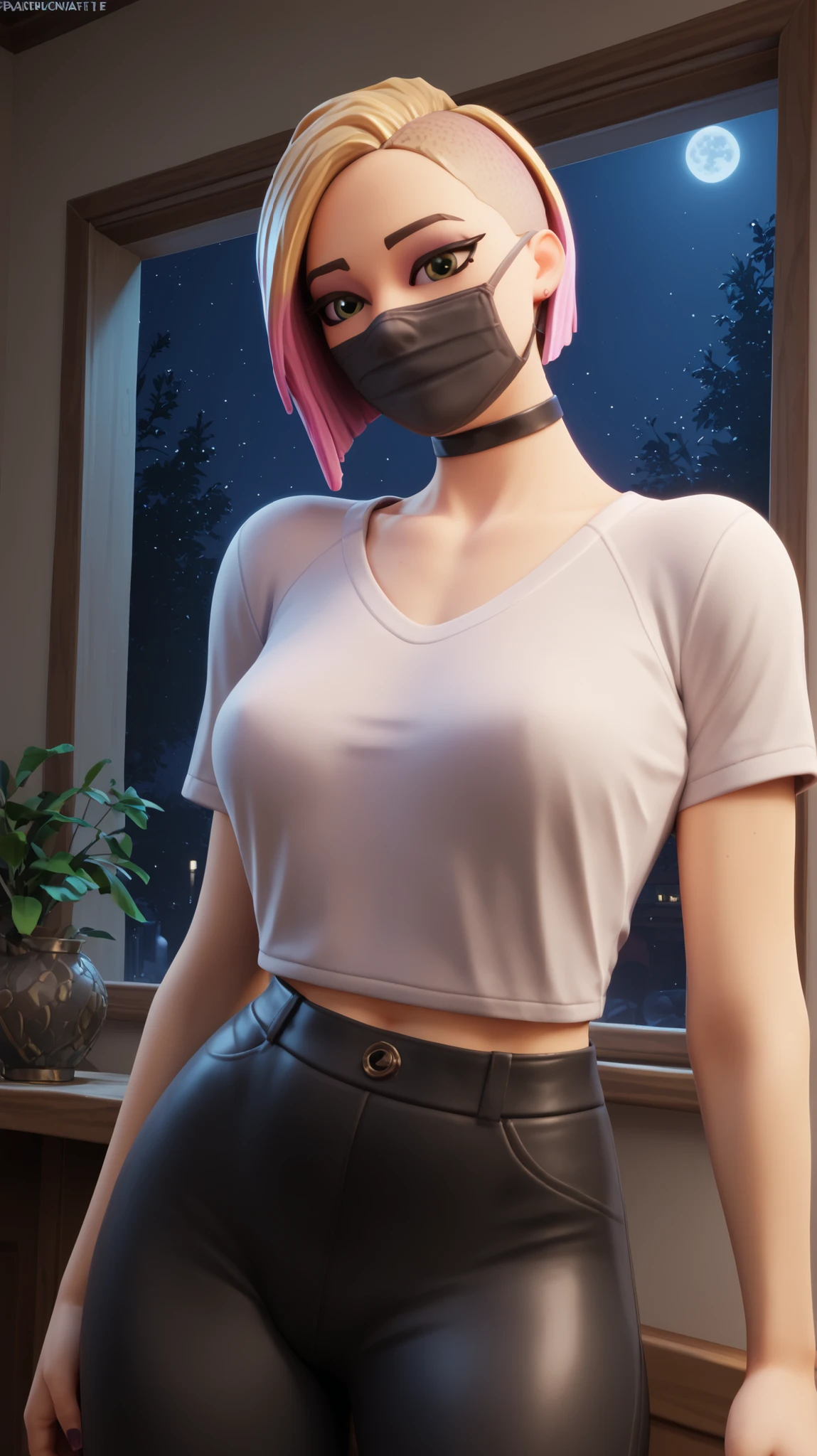 girl (Masterpiece),choker, Fortnite catalyst outfit,face mask,Loose black pants with gold, tight short shirt in white with black and gold, night, Beautiful eyes,punk hair, shaved head, short blonde hair, ,naughty, interior motel,