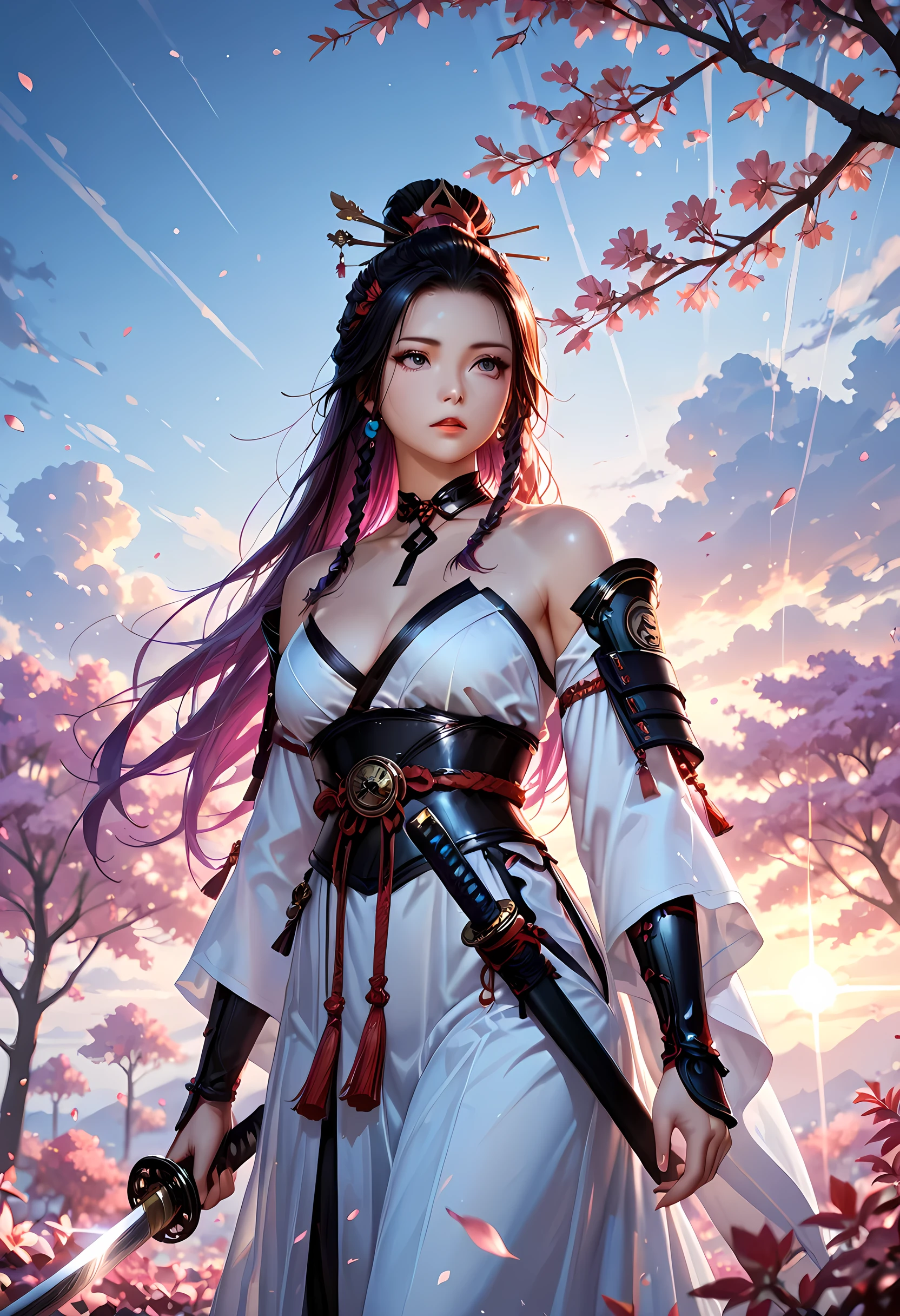 a woman samurai under the cherry tree at sunset, beautiful woman samurai, she holds an epic katana blade, the blade reflects light, ultra feminine, long hair, braided hair, dynamic hair color, an epic cherry tree, many branches, colorful, the sun rays come between the leaves and branches, light reflection, it is sunset, some clouds, award winning, photorealism, depth of field, hyper realistic, Cinematic Shot, fantasy, LOAsuccXL, strapless