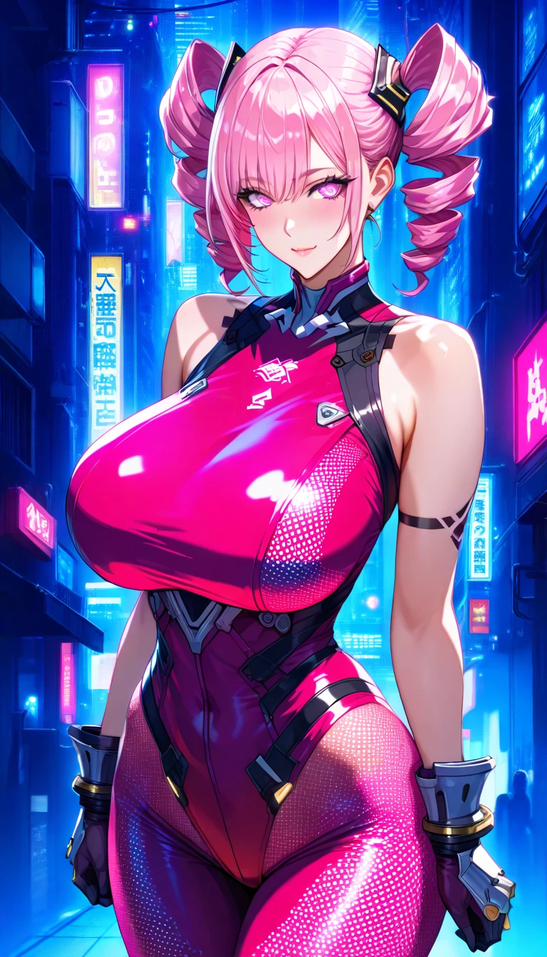 1girl, breasts, large breasts, wide hips, thick thighs, wide hips, futuristic, science-fiction, vr visors, head-mounted display, bodysuit, covered eyes, pink hair, very short hair, headphones, pubic tattoo,