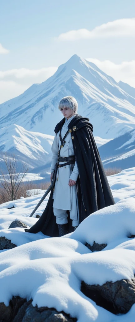 Eight-year-old boy White hair, shawl hair, mage robe, melancholy eyes, donely expression, snowy mountain background, upper body, delicate, elegant --auto
