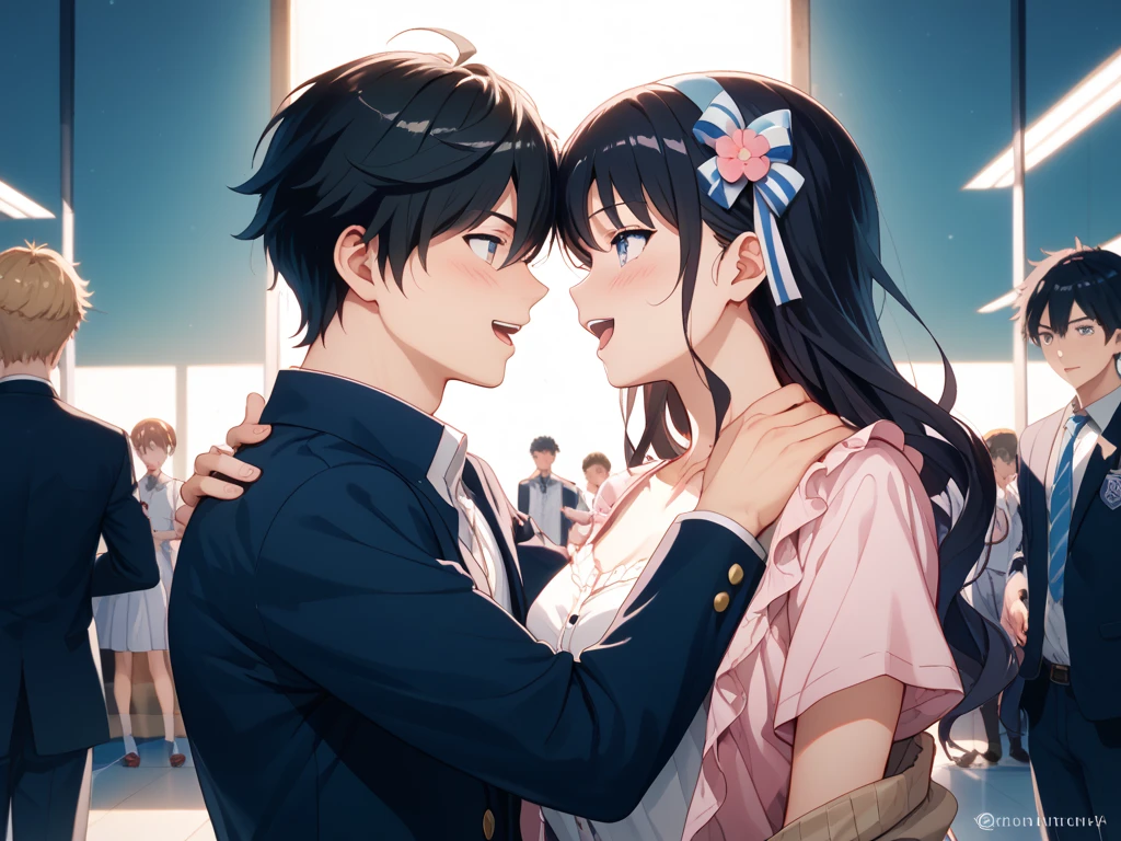 Licking a man's chest,side view,face focus,open mouth,tongue out,(1girl,Beautiful 14 year old girl),((Slender,Small breasts,Baby Face,Small face,)),looking at viewer,Black Hair,bangs,two side up,Gray Eyes,Drooping eyes,slit pupils,narrow eyes,,Short sleeve shirt,Grey checked tie,Grey checked mini skirt,Navy blue socks,Beautiful and detailed anime art,Mischievous smile,Dimly lit room,Simple Background,Gray background,Low lighting