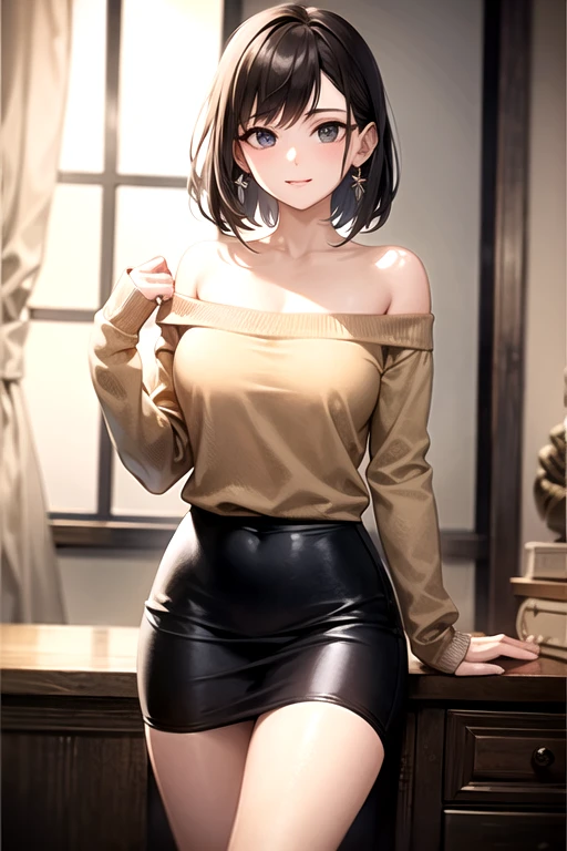 masterpiece, best quality, highres, hyuugaise, short hair, black shirt, skin tight, brown skirt, clothes around waist, <lora:hyuuga_&_ise_v1:0.8>, cowboy shot, standing, indoors
