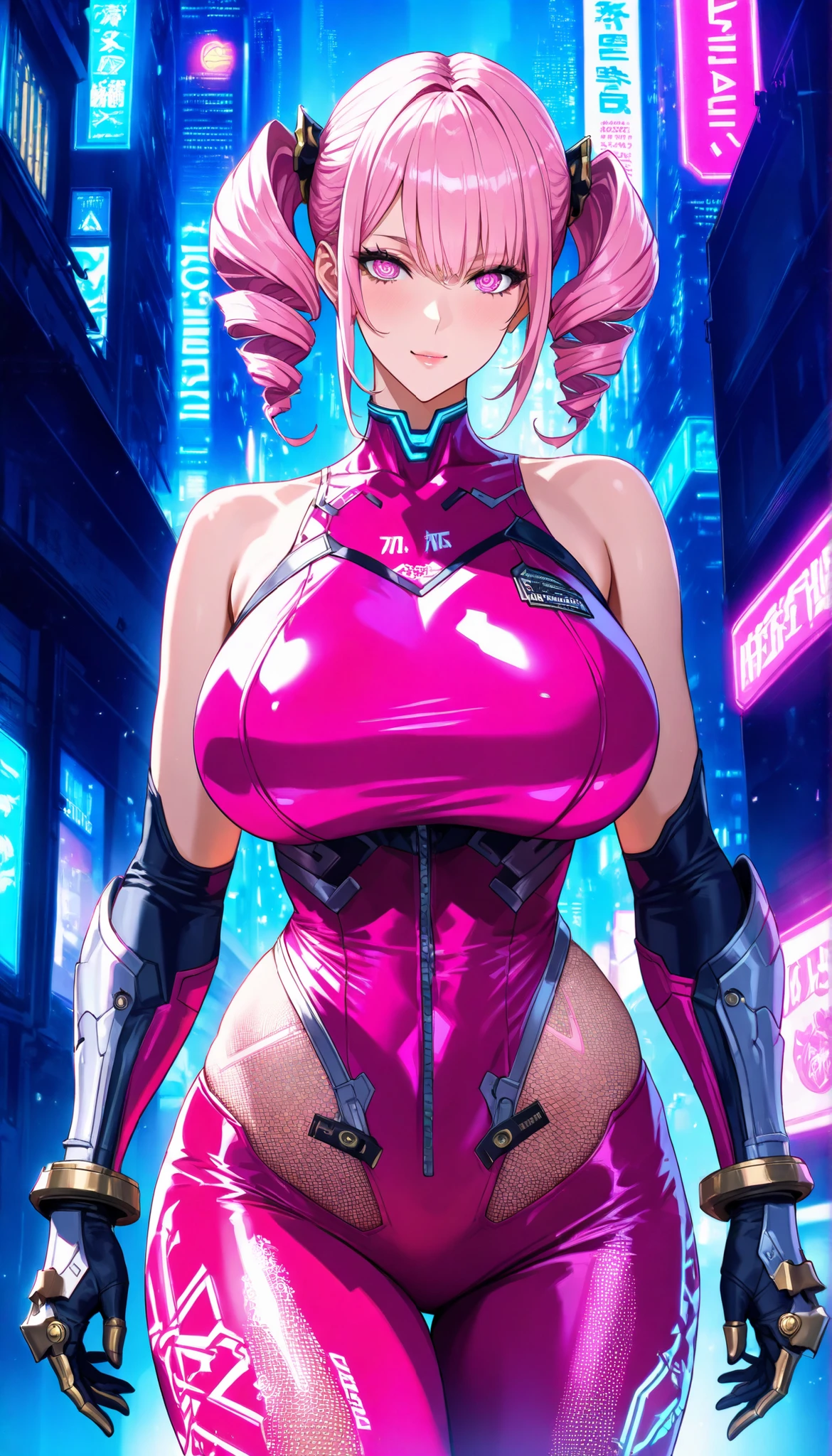High angle, standing, (cyberpunk style city:1.1), dawn, (human futuristic android:1.2), cute face, full body, (detailed face and eyes:1.2), vibrant colors, colorful body, doggy style, robotic body and head, light pink skin, (metal plated body and face:1.1), (pink holographic visor:1.2) covering eyes, (huge boobs:1.2), (long blue ponytail), focused robotic (glowing eyes:1.1), (horny expression), (pink heart shaped paste:1.3), (skimpy clothes:1.3), (slight smug smile), (red lips:1.1), (busty), (deep cleavage), (breasts bulging:1.3), (cameltoe:1.2).