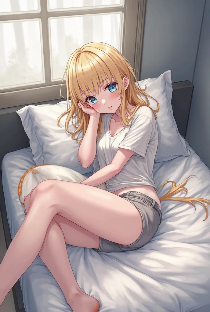 M-shaped legs, panchira, mollyman, masterpiece, best quality, detailed green eyes, bright colors, detailed skin, one girl, white shirt, pink skirt, knees, pantyhose, no shoes, sofa, indoors, window, sunset, light from outside, backlight,