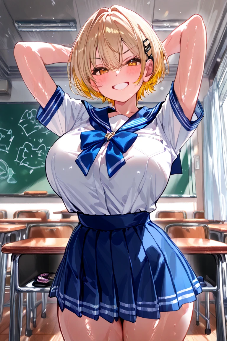 One woman,hi-school girl,a blond,short-haired,Classroom,In front of the blackboard,sexypose、(all nude:1.3)、(腟を触る:1.5)、足を開く、座る