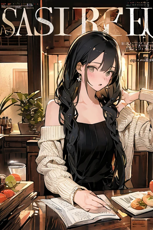 masterpiece, yor, 1girl, Amazing Cleavage:1.3, thin waist, big ass, Raised sexy, medium breast: 1.8 posed cleavage:1.2、solo, looking at viewer, open mouth, have a cup of coffee,black hair, red eyes, dress, bare shoulders, jewelry, collarbone, sidelocks, hairband, earrings, indoors, off shoulder, :o, sweater, arms behind back, plant, short hair with long locks, white hairband, off-shoulder dress, sweater dress, off-shoulder sweater, red sweater, big side hair, very long side hair,is rendered in (masterpiece: 1.2, best quality), with (ultra high resolution) and an exquisite (depth of field). This masterpiece is not only visually stunning but also tells, make of cake cooking ,in the kitchen