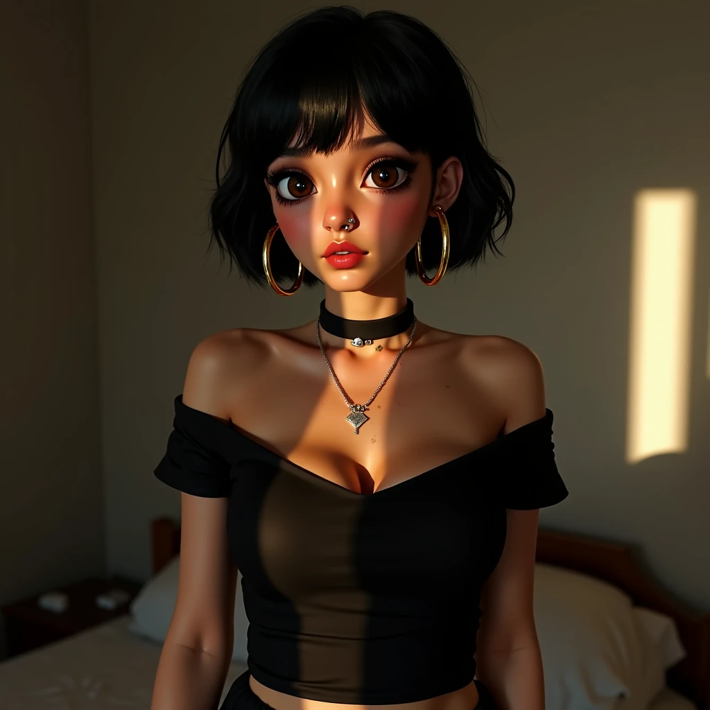 masterpiece, Highest quality, Highest quality, Realistic, Unity, 8k wallpaper, Official Art, extremely detailed CG Unity 8k wallpaper, (original: 1.2), (Realistic: 1.4), Very detailed, High resolution, Very detaileded,wonderful, Finer details, Cinema Lighting, Upper Body
(one person's:1.4 ), (brown|Black Hair:1.4), Bobcut, (Realistic skin:1.2), (light brown skin:1.2),((Huge breasts)), Beautiful with beautiful details, Very detailed目と顔, Beautiful eyes in every detail, Large file size, Very detaileded and beautiful, blush, Embarrassing,(smile:1.4), iris, Too many model shoots, Upper Body shoot, (Black Color Hot Micro Bra) , Earrings, Chain Necklaces, Plump