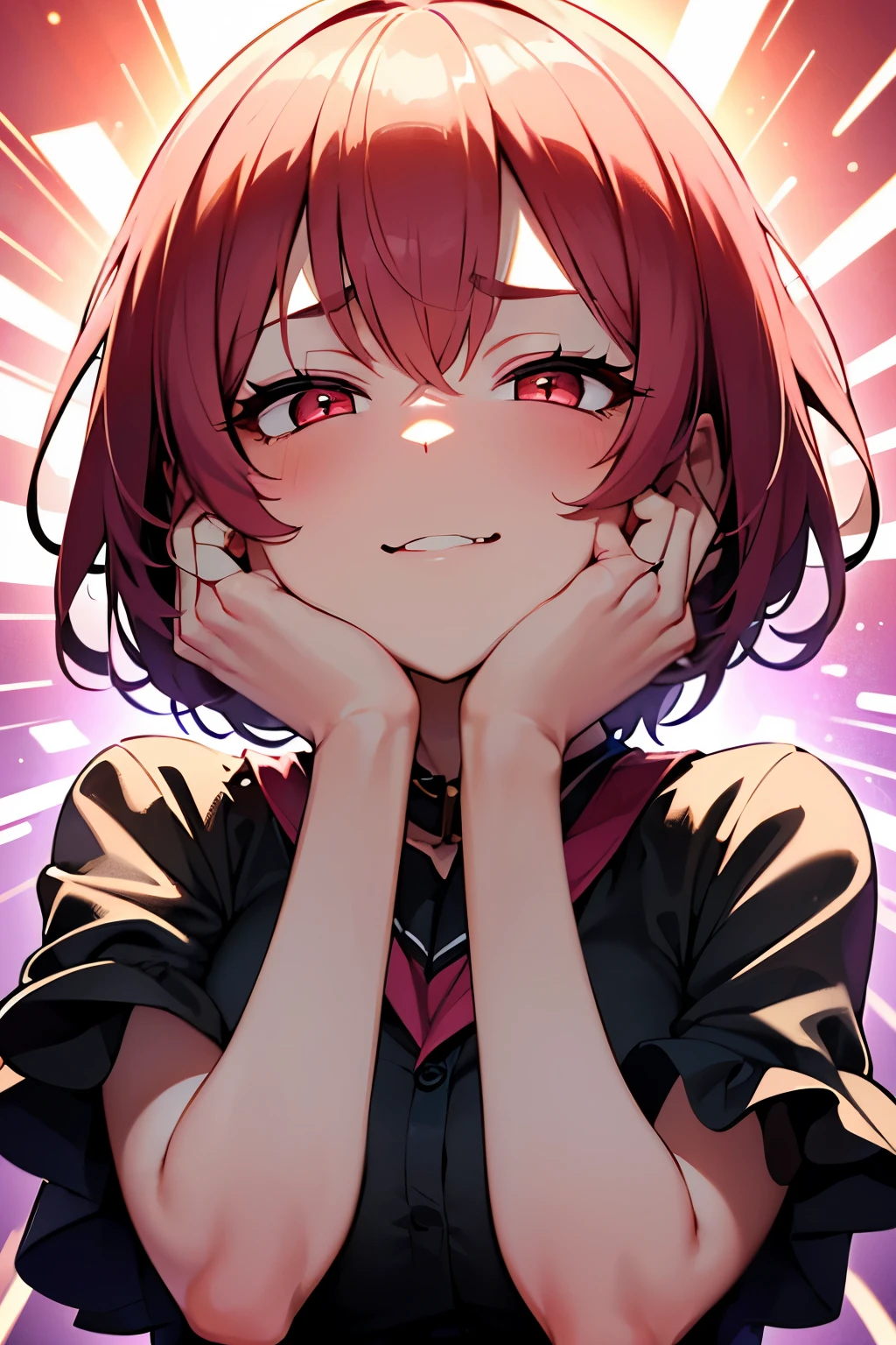 masterpiece, Best Quality, Illustration, Ultra-detailed, finely detail, hight resolution, 8K Wallpaper, Perfect dynamic composition, Beautiful detailed red eyes, shirt, pink short hair, big breasts, sneering, a 18 year old girl, (kawaii:1.3), (Beautie:1.2), looking at camera, sidelong glance, glares, sullenness, Downer, make up, (hands on own cheeks:1.7), (恍惚な表情:1.5), crazy smile, portrait, (yandere:1.4), (glowing eyes:1.3), (少し開いた口:1.2), (low angle shot:1.1)