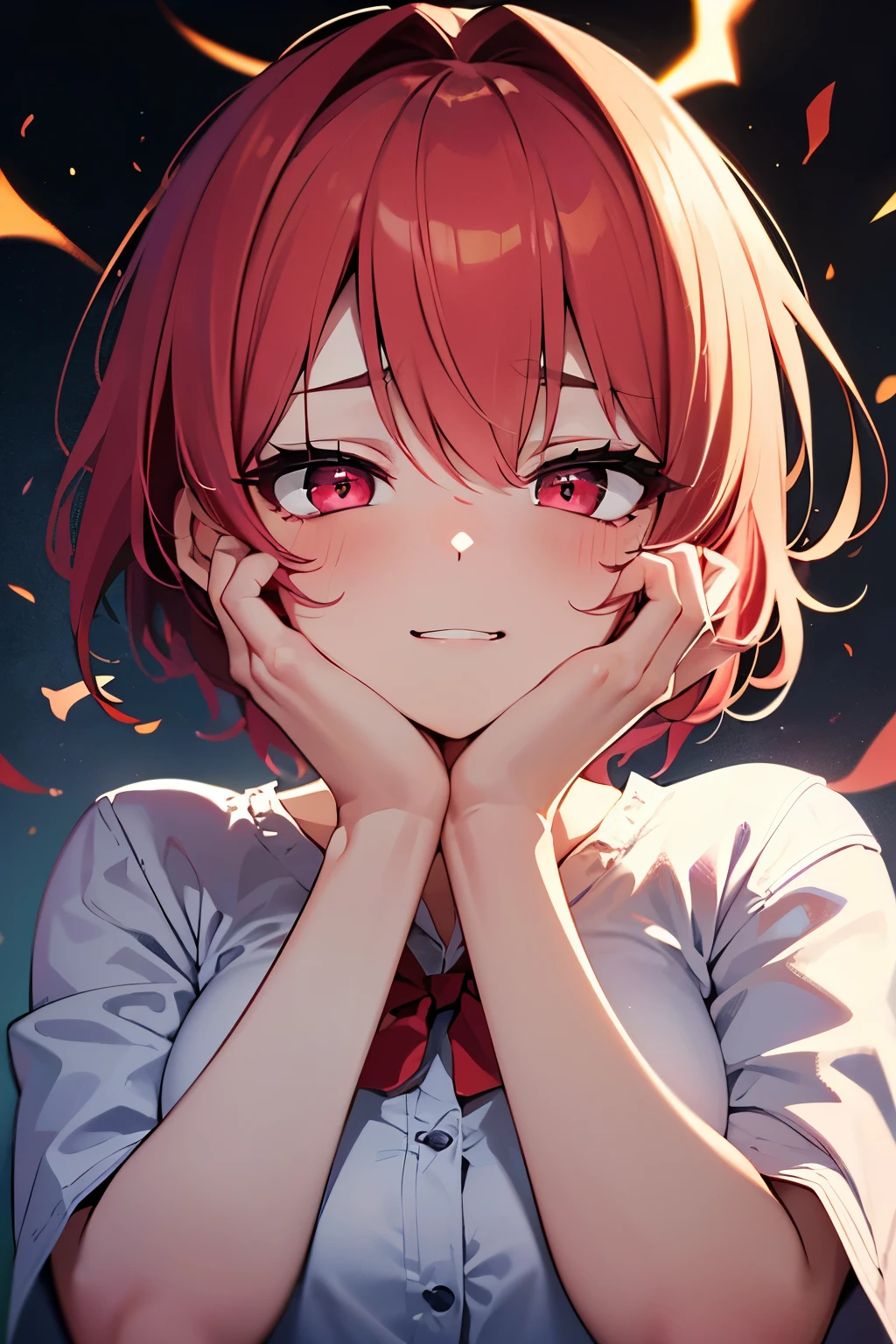 masterpiece, Best Quality, Illustration, Ultra-detailed, finely detail, hight resolution, 8K Wallpaper, Perfect dynamic composition, Beautiful detailed red eyes, shirt, pink short hair, big breasts, sneering, a 18 year old girl, (kawaii:1.3), (Beautie:1.2), looking at camera, sidelong glance, glares, sullenness, Downer, make up, (hands on own cheeks:1.7), (恍惚な表情:1.5), crazy smile, portrait, (yandere:1.4), (glowing eyes:1.3), (少し開いた口:1.2), (low angle shot:1.1)