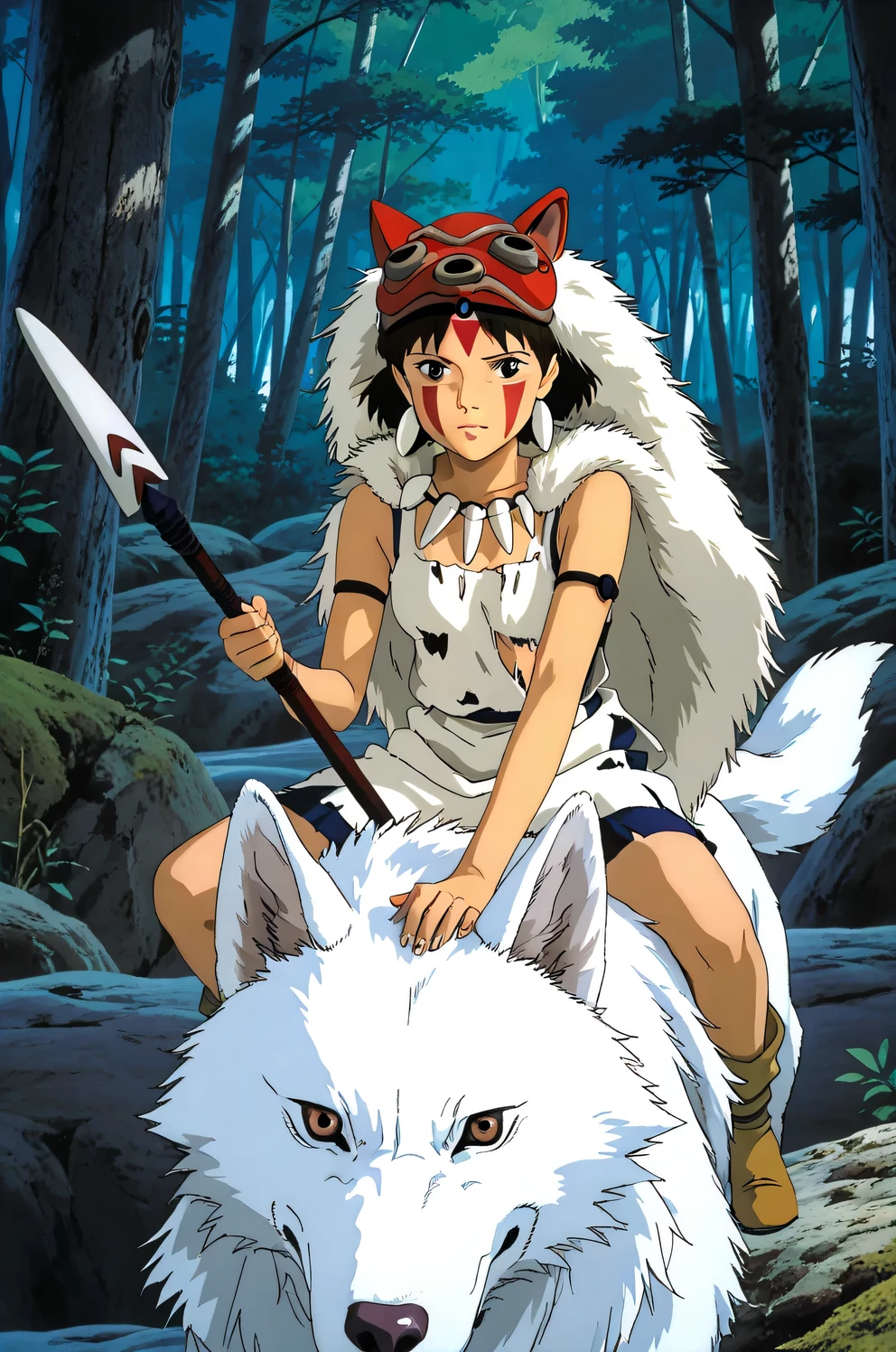 (Masterpiece), best quality, 8k wallpaper, Super detailed, beautiful,, highest quality, 1girl, dark short hair with bangs, small breasts, flat chest, beautiful face, with face paint, (XIV-years-old), wearing a thin white skirt, a white crop top, (torn clothes), and wolf mask on her head (princess mononoke style), sitting on the back of a giant white wolf riding through a mountain forest, holding a spear in her hand, studio ghibli style,, princess mononoke, short stature, perfect proportions, show full body,
