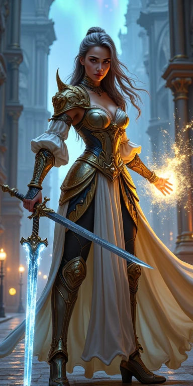 glamour shot of (stained glass window:1.5), in paladin uniform, holding a (mythril sword:1.2), (divine magic), (hair movement:1.15), (hero:1.1), sparks, at night, city on fire, mass destruction, (falling leaves:1.1), (lightning storms:1.1), fireflies, mountains, moon, trees, aurora, apocalyptic chaos, large-scale, masterpiece, best quality, photograph, dreamlike, face focus, intricate details, glow, glowing eyes, sharp focus, photography, photorealism, photorealistic, soft focus, volumetric light, (****), eldritch,(intricate details), (hyperdetailed), high detailed, lot of details, high quality, soft cinematic light, dramatic atmosphere, atmospheric perspective, chaos, chaotic, destruction