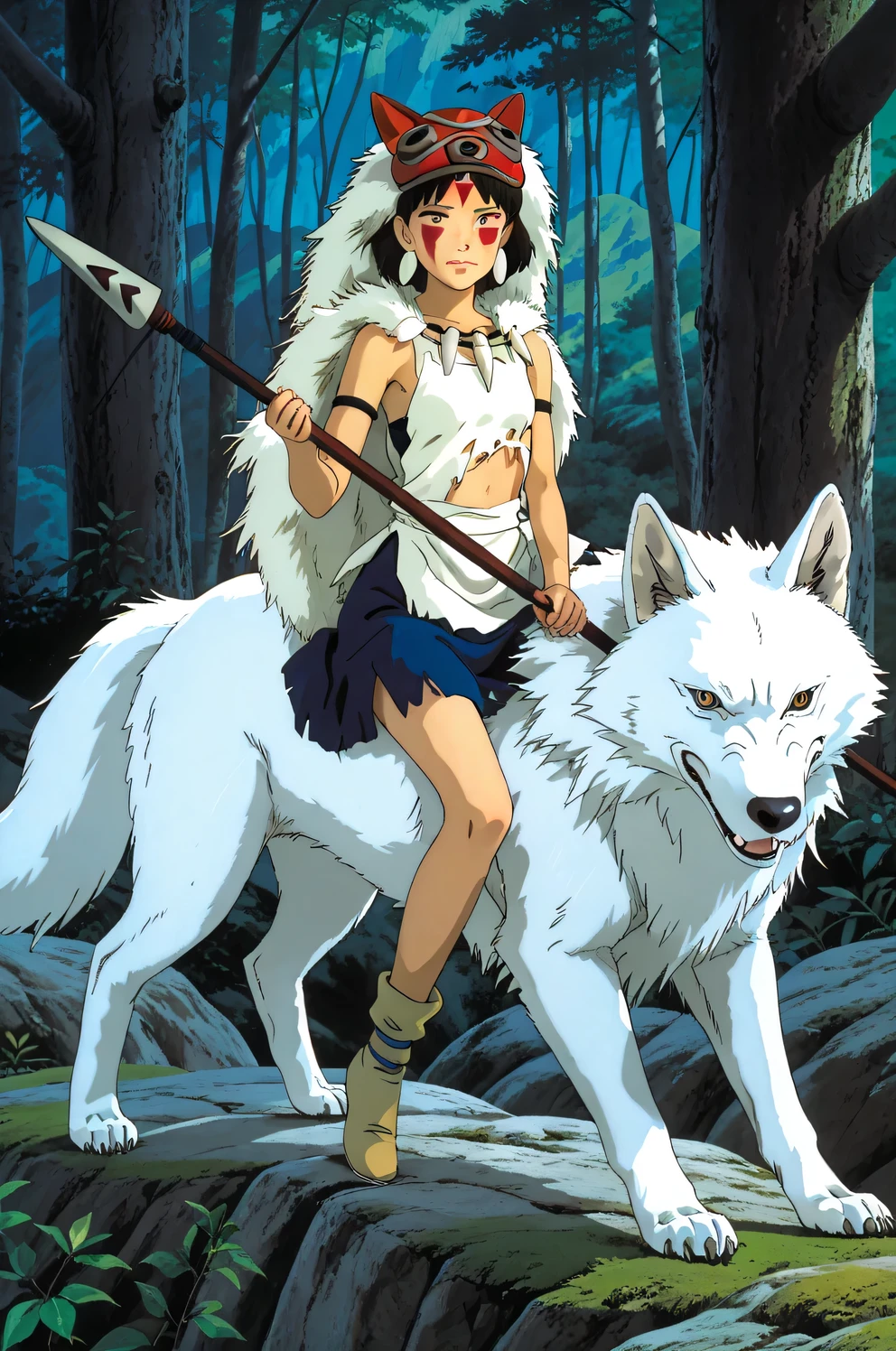 (Masterpiece), best quality, 8k wallpaper, Super detailed, beautiful,, highest quality, 1girl, dark short hair with bangs, small breasts, flat chest, beautiful face, with face paint, (XIV-years-old), wearing a thin white skirt, a white crop top, (torn clothes), and wolf mask on her head (princess mononoke style), sitting on the back of a giant white wolf riding through a mountain forest, holding a spear in her hand, studio ghibli style,, princess mononoke, short stature, perfect proportions, show full body,