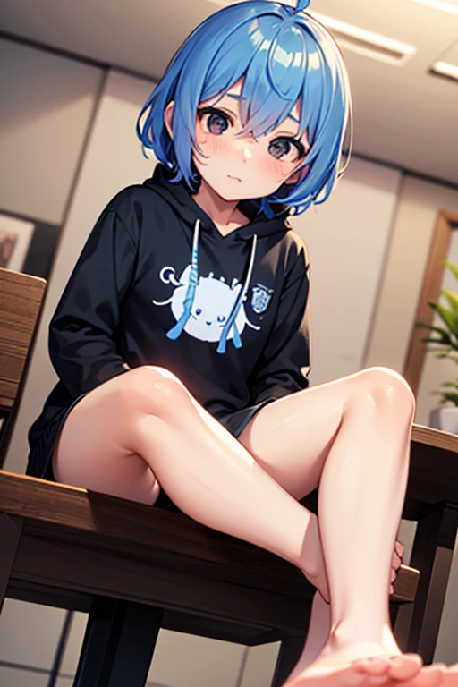 1 girl, short blue hair, grey eyes, wearing a hoodie, wearing denin shorts, earrings, absurdres, high res, 8K, masterpiece, looking at the viewer