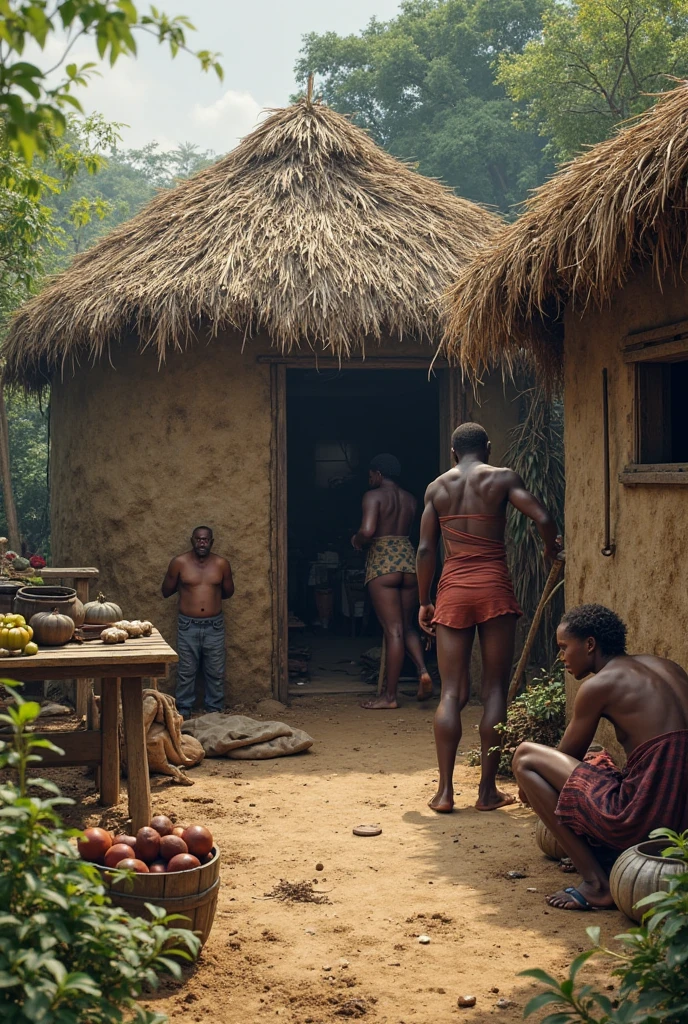 a Papua New Guinea native old (grandfather: 1.1) and his (little grandson: 1.1) talking and sitting next to a campfire, wearing (clothes corresponding to the local folk costume), outdoor, trees and bushes in the background, at night,dark shot, photorealism, epic realism, best shadow, analog, DSLR, 8K, UHD, RAW