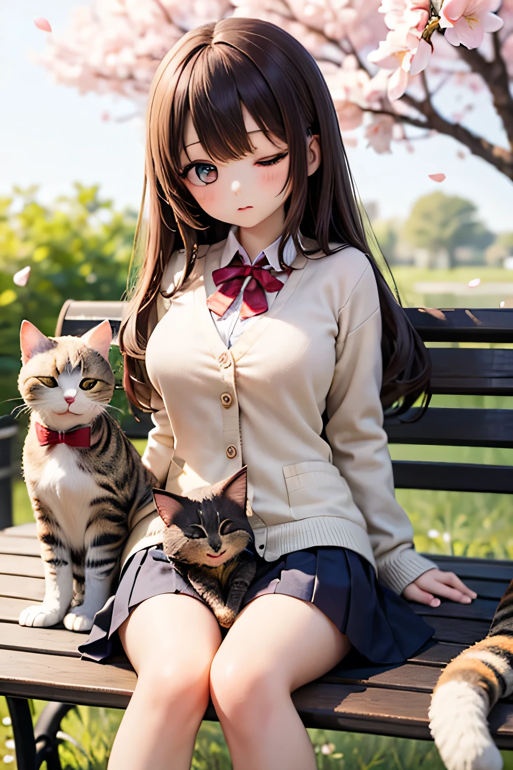 Best Quality、high resolution、(high image quality:1.4)、masterpiece、detailed background、(extremely detailed face:1.3)、(detailed eyes:1.3)、age beauty、(huge breasts:1.3)、anatomically correct、Perfect Body Line、Soft brown hair、
(Sleepy girl holding a cat on a park bench with warm spring sunlight:1.5)、
A fluffy white cat is curled up next to her, taking a comfortable nap together、Cherry blossom petals are dancing on the breeze, creating a gentle spring atmosphere、A calm and dreamy spring afternoon scene、A dress in pale pastel colors、A light, spring-like cardigan in mint green、A handkerchief with a small floral pattern、A ribbon in spring colors、A tote bag made of natural fabric、cute