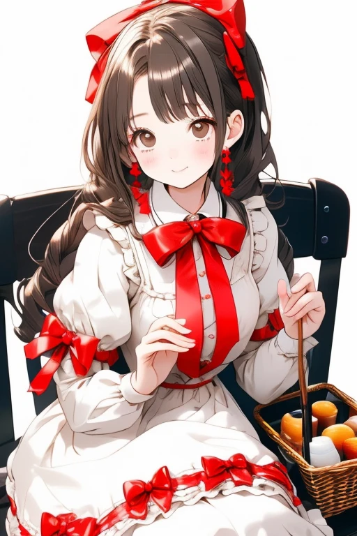 White plate, girl, dwarf, costume: Tomato, cosplay: Tomato, plush, (dwarf sitting on plate: 1.8), cute